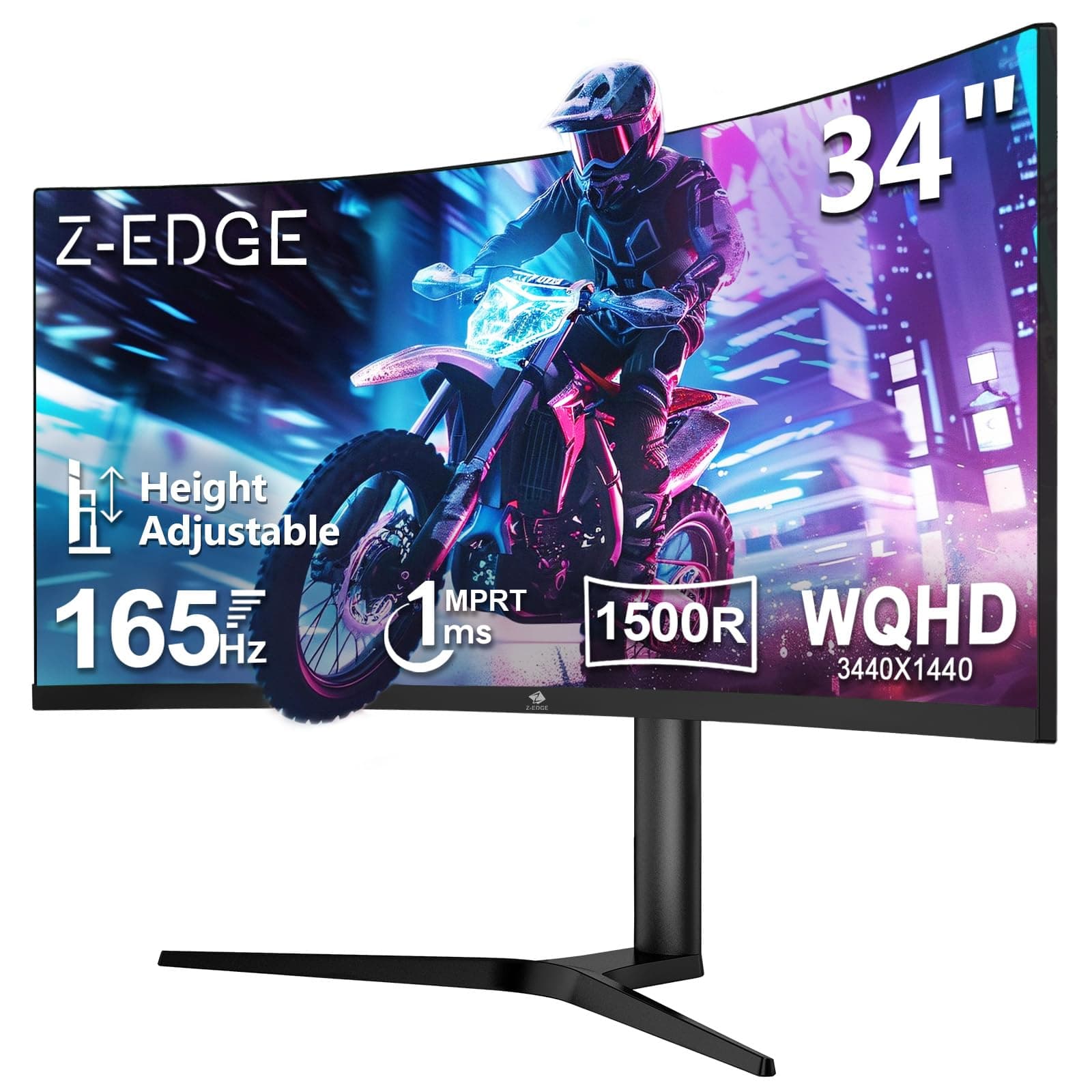 Z-Edge Monitor Gaming Curvo 34'', 165Hz, 3440x1440, 1ms MPRT, Altura & Inclinación Ajustables, Pantalla Ultra Ancho 21:9 con DP Cable, FreeSync, 1500R VA, 2* HDMI2.0 &2* DP1.4, RGB, VESA 100 * 100mm