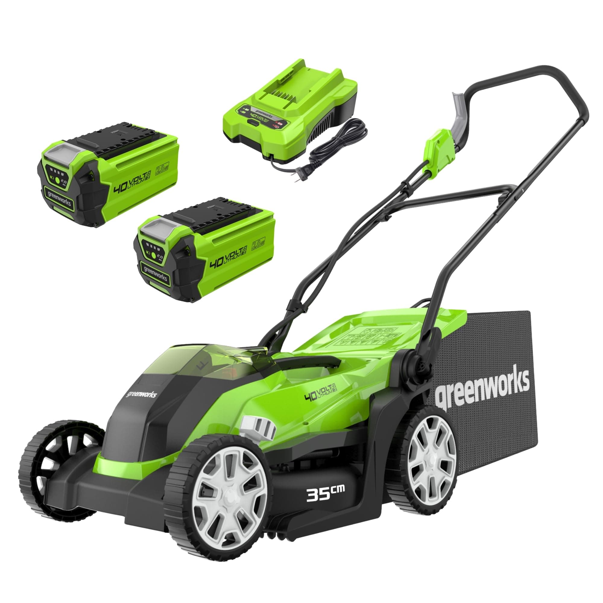 Greenworks 40V Tagliaerba a Batteria per Prati Fino a 400m², Ampiezza di Taglio 35cm, Sacca da 40L CON Due Batterie 40V 2Ah e 1 Caricabatterie, Garanzia 3 Anni-G40LM35K2X
