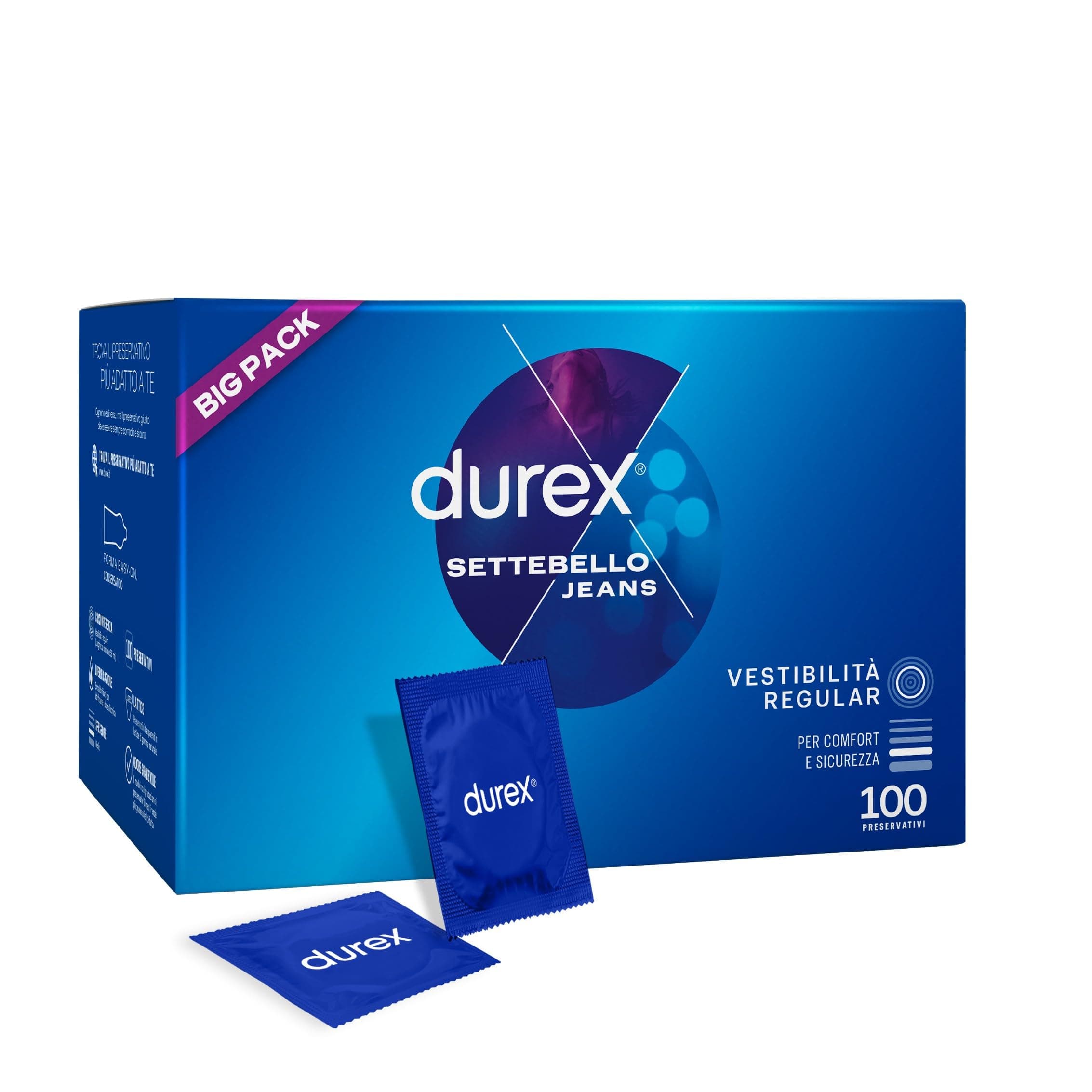 Durex Settebello Jeans, Preservativi Classici, Formato Convenienza, 100 Profilattici