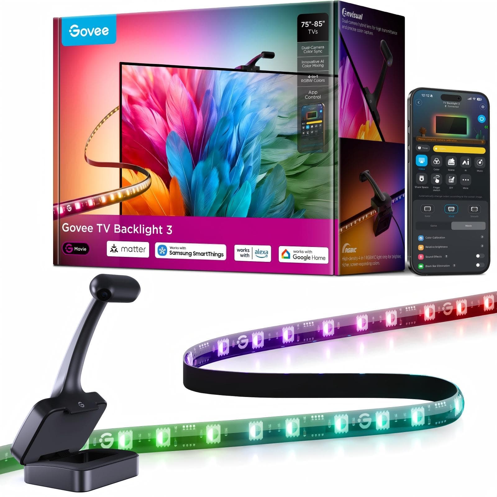 Govee TV Backlight 3 Dual Cámara, 5m RGBWIC Tira LED para 75-85 Pulgadas | 4MP Dual Cámara, 60 LED/m, Filtro de Color Inteligente con IA para Cine y Juegos, Compatible con Alexa y Control por App