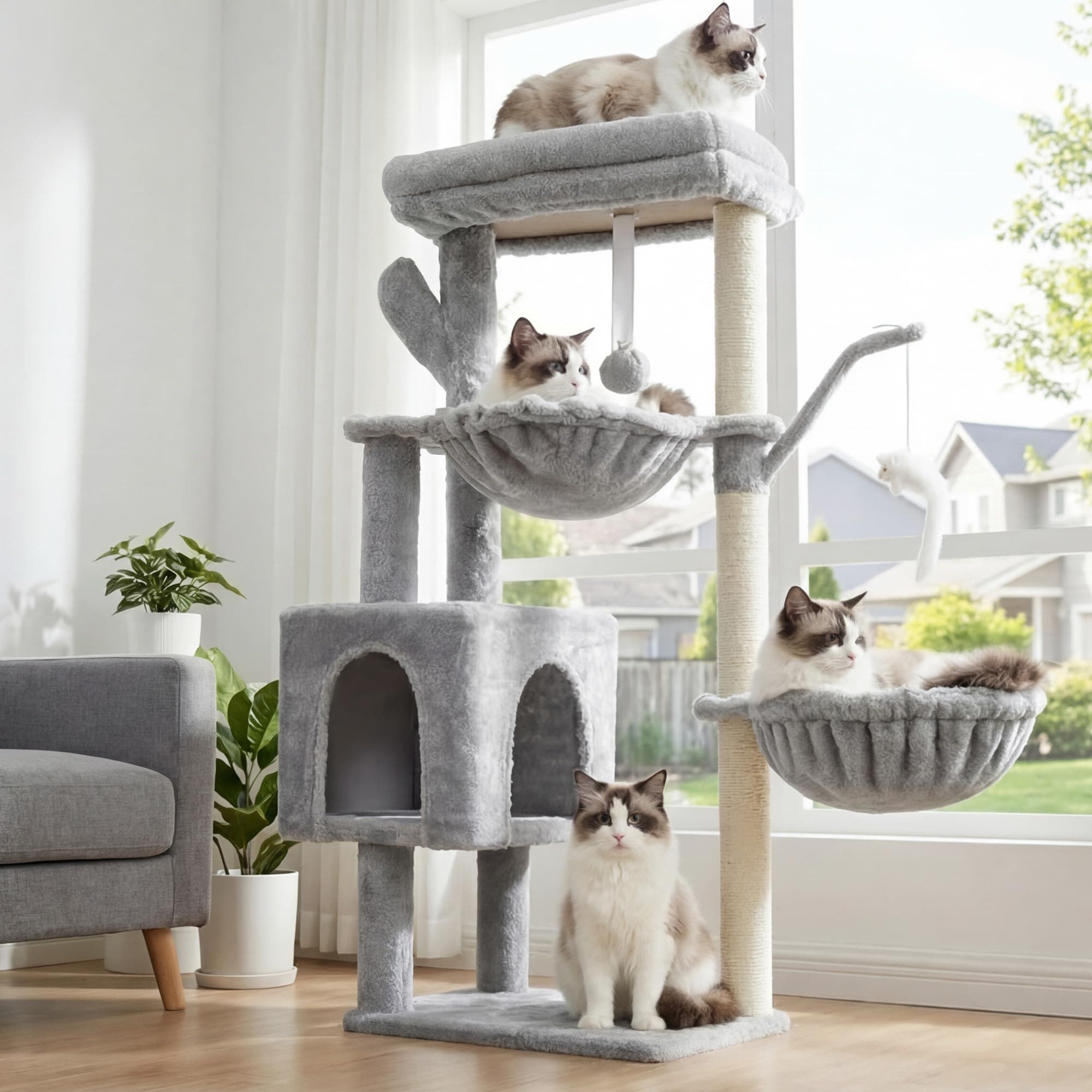 Heybly Arbol Rascador para Gatos, Arbol Gato de 100 cm de Altura con Plataforma Grande, Cueva, 2 Hamacas, Juguetes y Árbol para Trepar con Rascador, Gris Claro HCT006SW