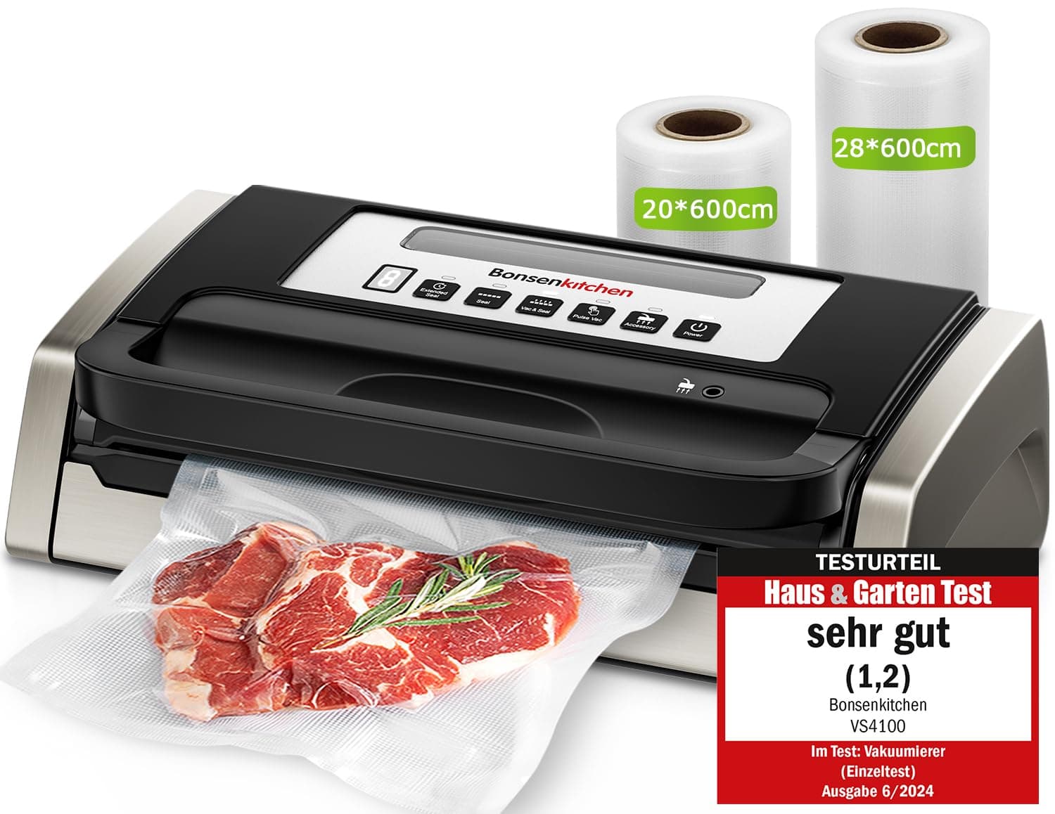 Bonsenkitchen Macchina Sottovuoto per Alimenti, Potente e Silenziosa, Tecnologia Globefish per Lavoro Continuo, Design con Maniglia Bloccata, Taglierina Incorporata, Nero