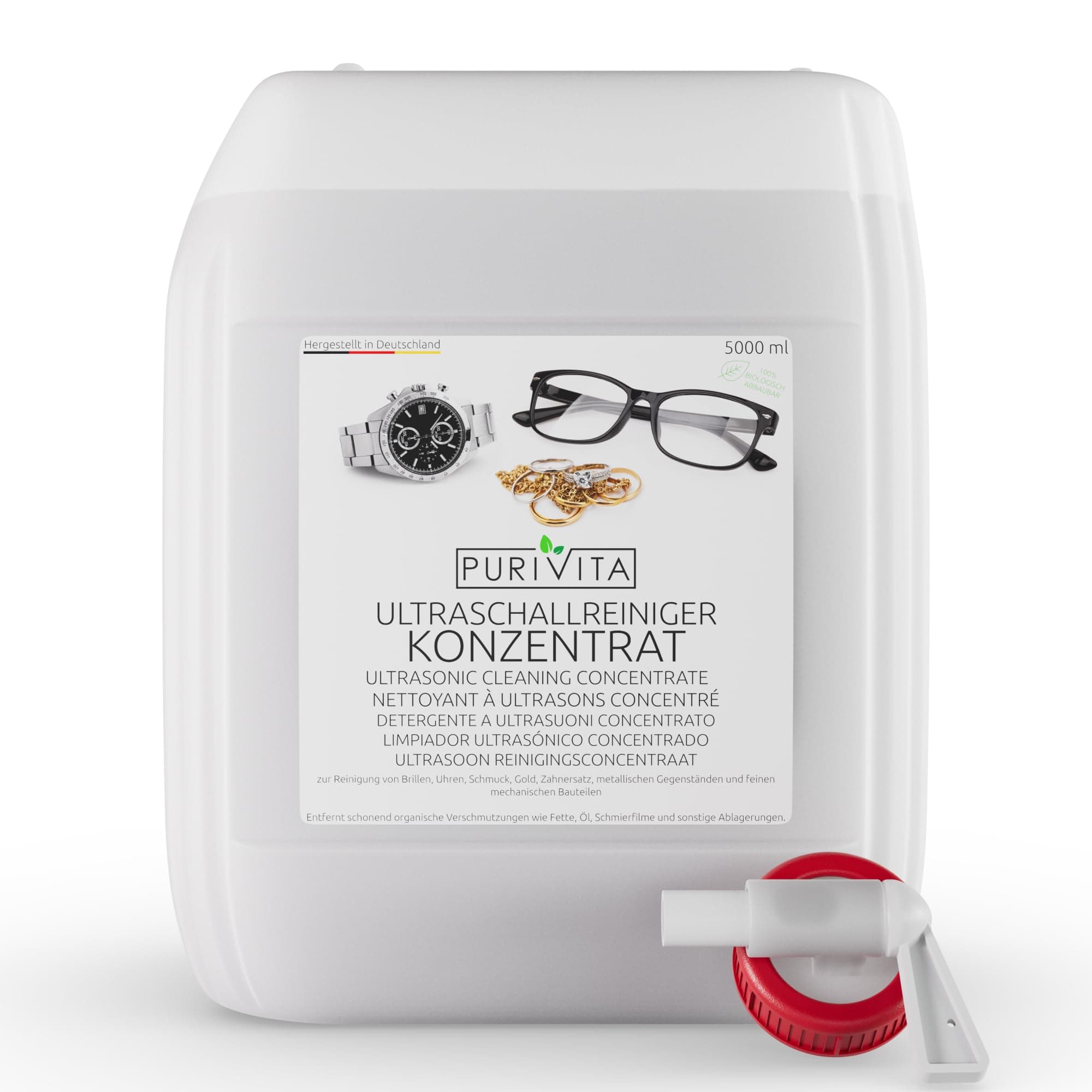 PURIVITA® Universale Liquido para Ultrasonidos Limpieza [5000ML] - Limpiador Ultrasónico - Ultrasonic Cleaner - Liquido Maquina Ultrasonidos para Plata, Gafas, Dentaduras Postizas & Joyas