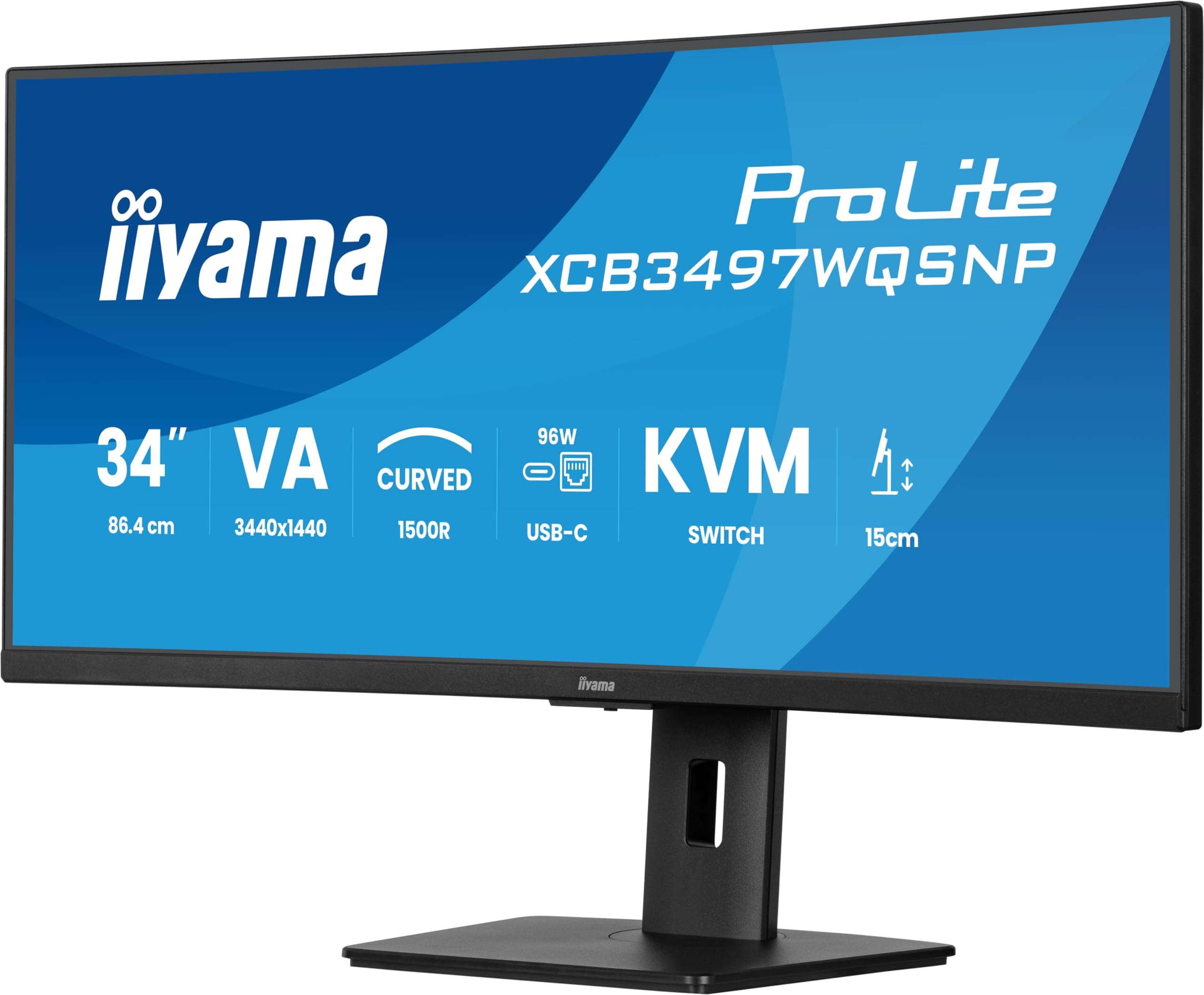 iiyama Prolite XCB3497WQSNP-B1, VA incurvé, UWQHD@120Hz, 0.4ms, 350cd, FreeSync, HP, DP/HDMI/USB-C, USB HUB, 1xUSB-C Dock (95W), réglable en Hauteur, i-Style Colour, TCO, Garantie 5 Ans