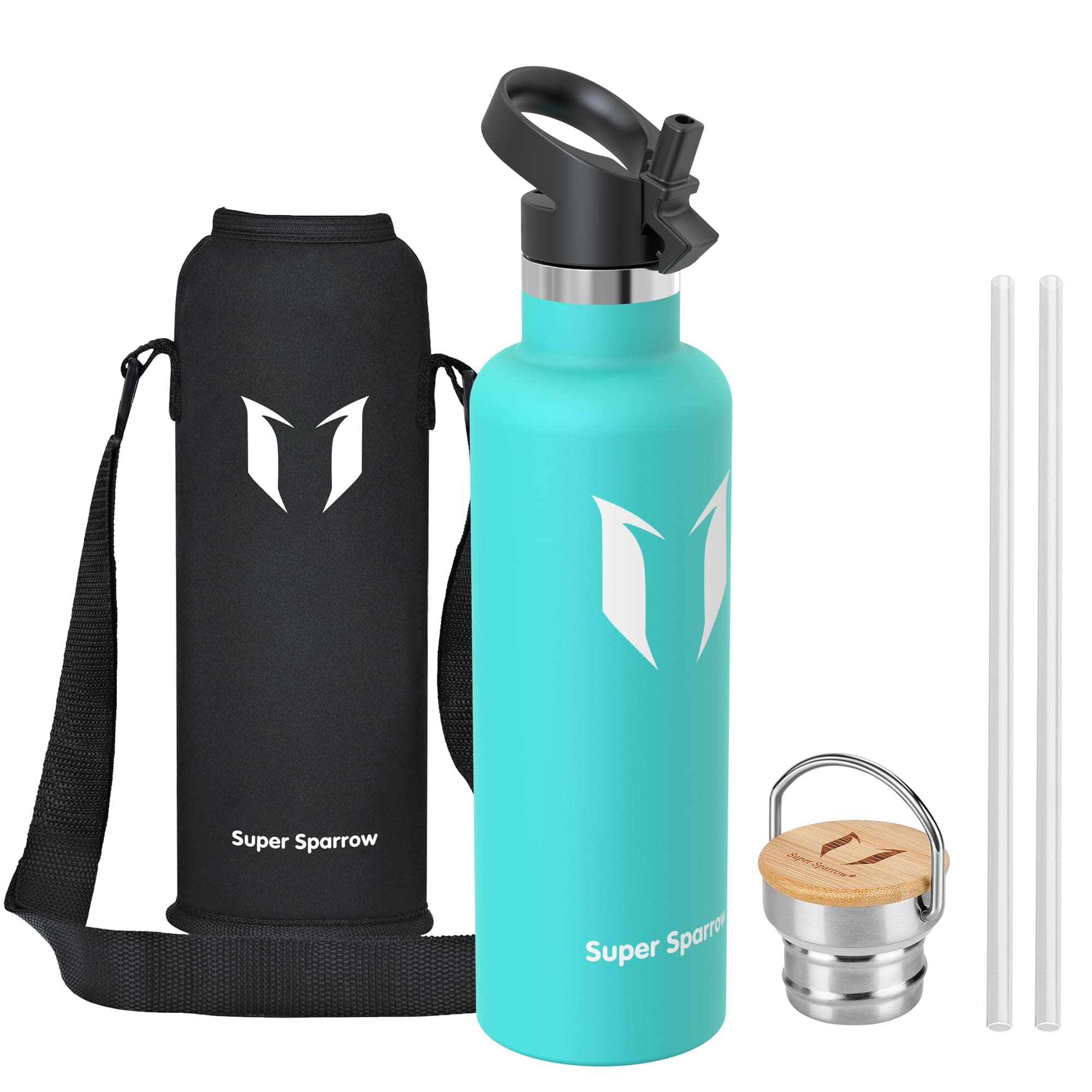 Super Sparrow Trinkflasche Edelstahl - 500ml/750ml/1L - Auslaufsicher Thermoskanne, BPA-Frei Wasserflasche - Thermosflasche Kinder für Sprudel, Sport, Schule, Fitness - Mit 2 Deckeln