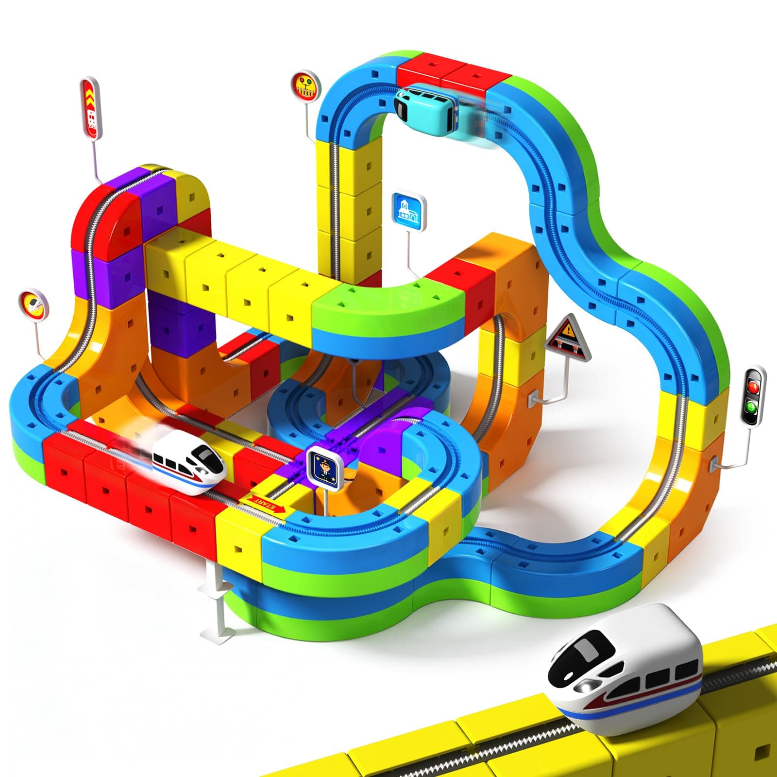 Goody King Train Électrique Enfant 110 Pièces - Circuit Magnétique 3D avec Train Electrique, DIY Construction de Pistes en Cube - Jeu de Construction Créatif Cadeau Éducatif pour Enfants de 4 à 12 Ans