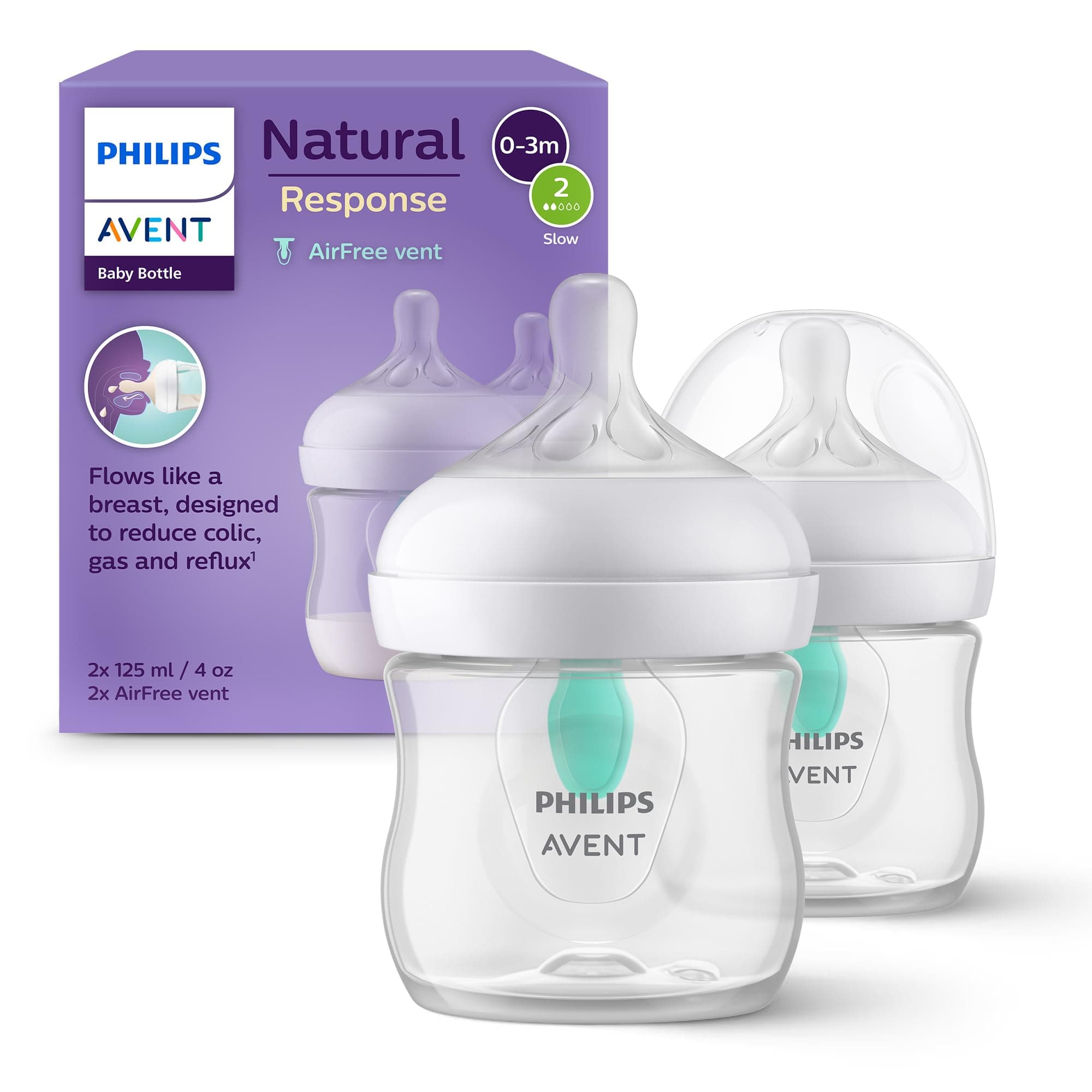 Philips Avent Biberón Natural Response: 2 biberones de 125 ml con sistema AirFree, sin BPA, para recién nacidos a partir de 0 meses (modelo SCY670/02)