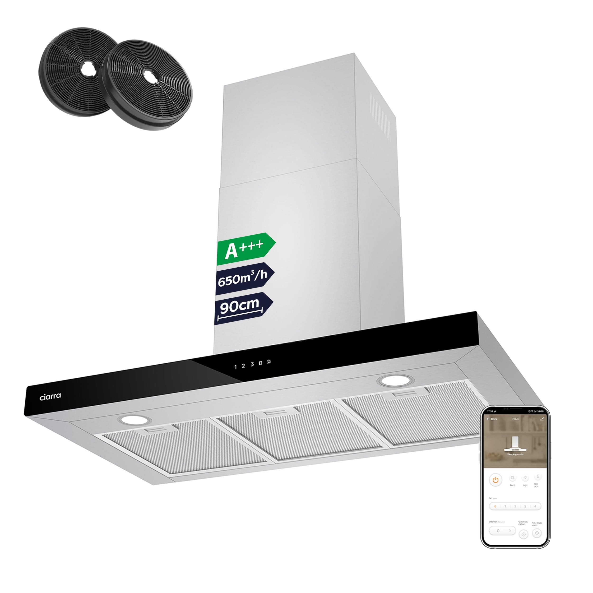 CIARRA CBCS9102 Classe A+++ Cappa Aspirante 90 cm - 650m³/h -Controllo Touch & WiFi - 4 Velocità con Booster - Filtro a Carbone CBCF003 Incluso
