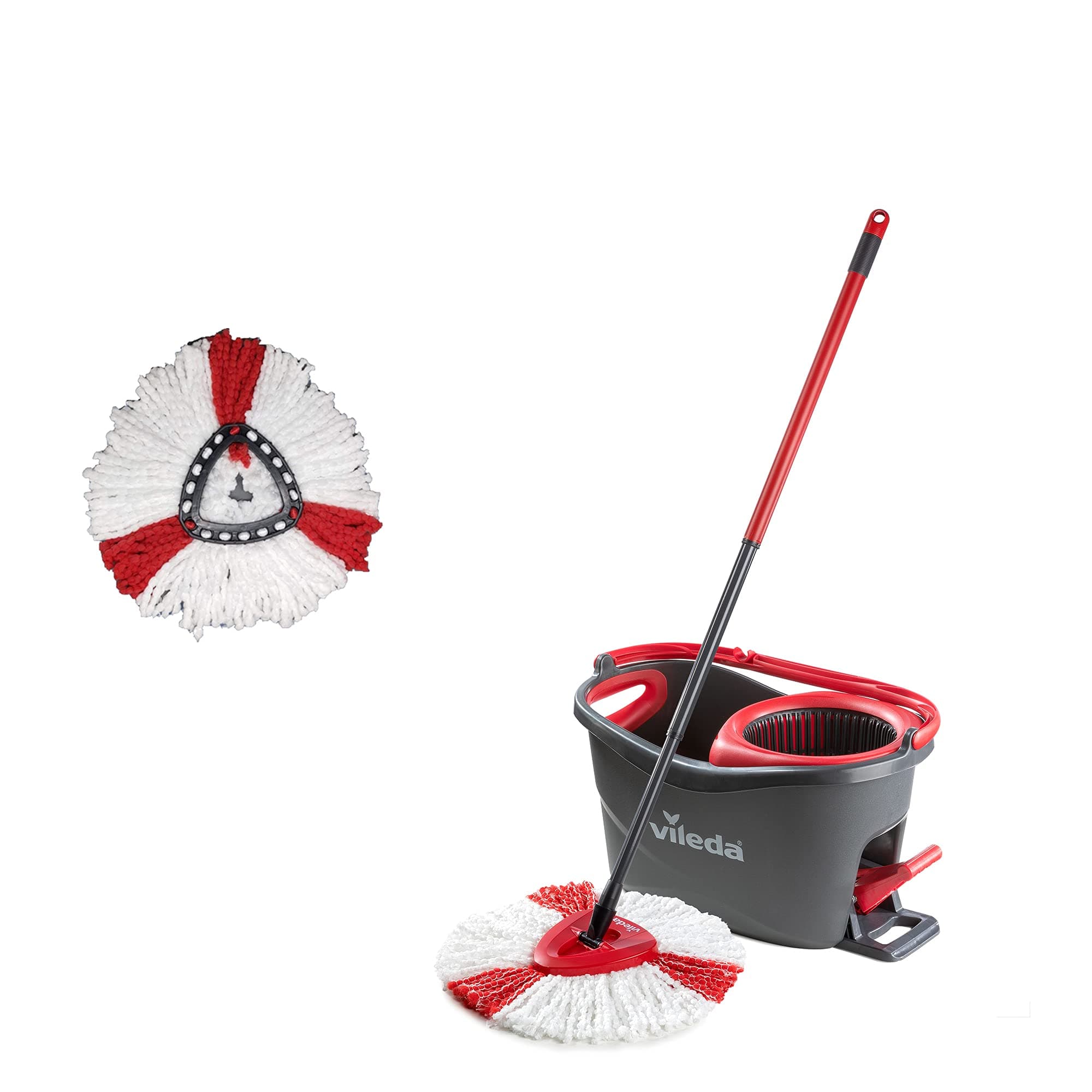 Vileda Turbo - Juego de fregona con Palo telescópico, Cubo escurridor Giratorio y Recambio de microfibras, Incluye 1 Recambio Adicional, Color Negro y Rojo, Formato Caja