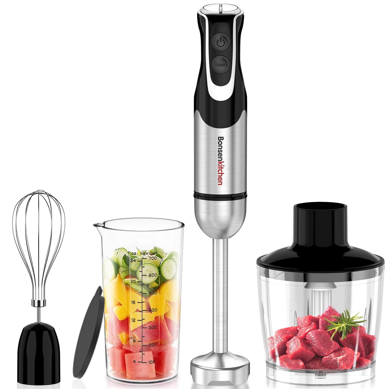 Bonsenkitchen Frullatore a Immersione 4 in 1, 1000W, 12 Velocità + Turbo | Asta di miscelazione in acciaio inox, Include Frusta, Bicchiere 700ml, Tritatutto, per Alimenti per Bambini, Zuppe, Smoothies