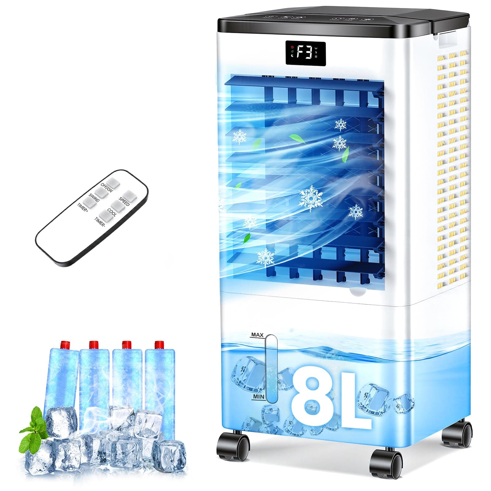 Climatiseur Mobile Silencieux, 8L Refroidisseur d'air 3 IN 1 Climatiseur Portable Ventilateur Humidificateur, 12H Minuterie, 3 Vitesses, Télécommande, Économie d'énergie pour Chambre Maison Bureau