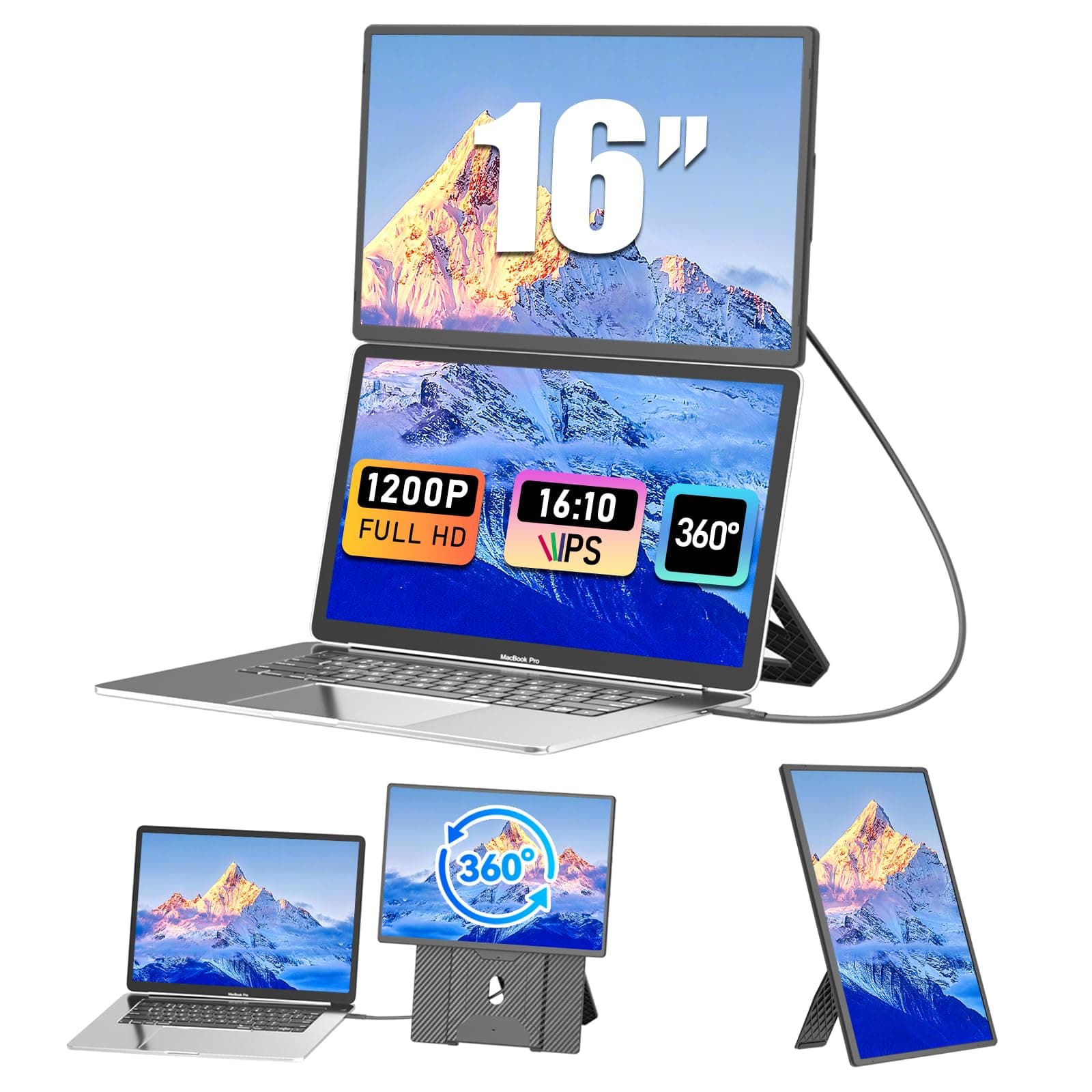 Monitor Portátil 16" IPS 1200P - Extensor de Pantalla para Portátil Ultra Delgado para Laptops 13-17.3", Compatible con Mac/Windows/Chrome, Pantalla Portatil Configuración Dual para Trabajo y Gaming.