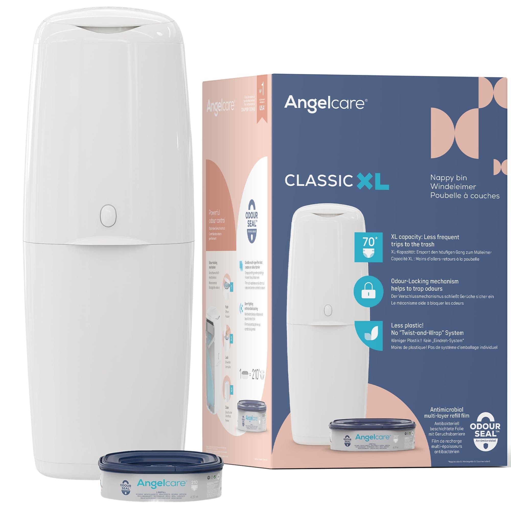 Angelcare Poubelle à Couches Classic XL avec Recharge Octogonale Anti-Odeur Haute Capacité (1 Mois - 190 Couches Taille 0)