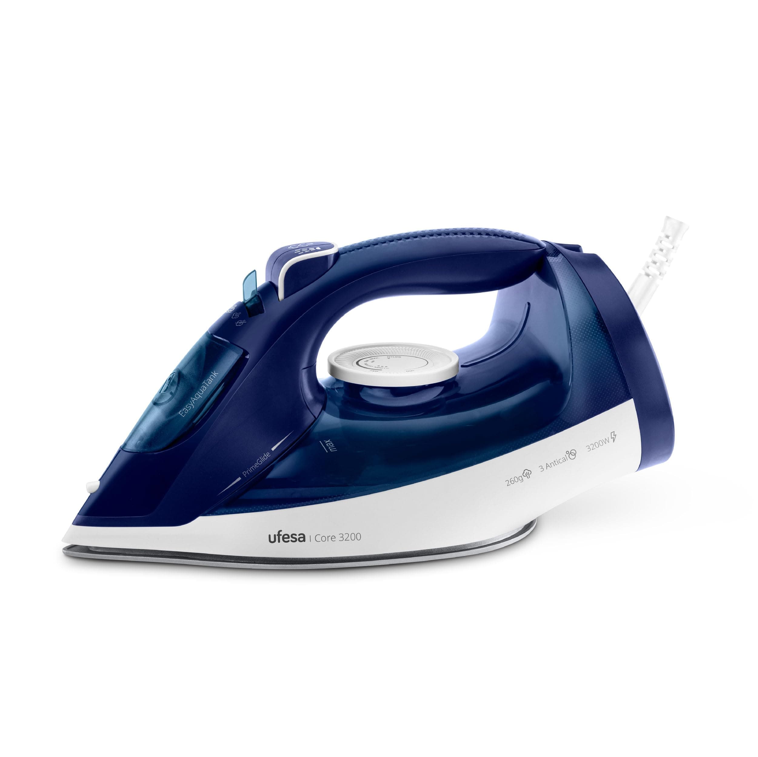 Ufesa Core 3200W Plancha de Vapor, Golpe de Vapor 260g, Vapor Continuo 50g/min, Suela Cerámica, Sistema Antical 3 en 1, Antigoteo, Depósito 350ml, Cable 1,9m, Azul