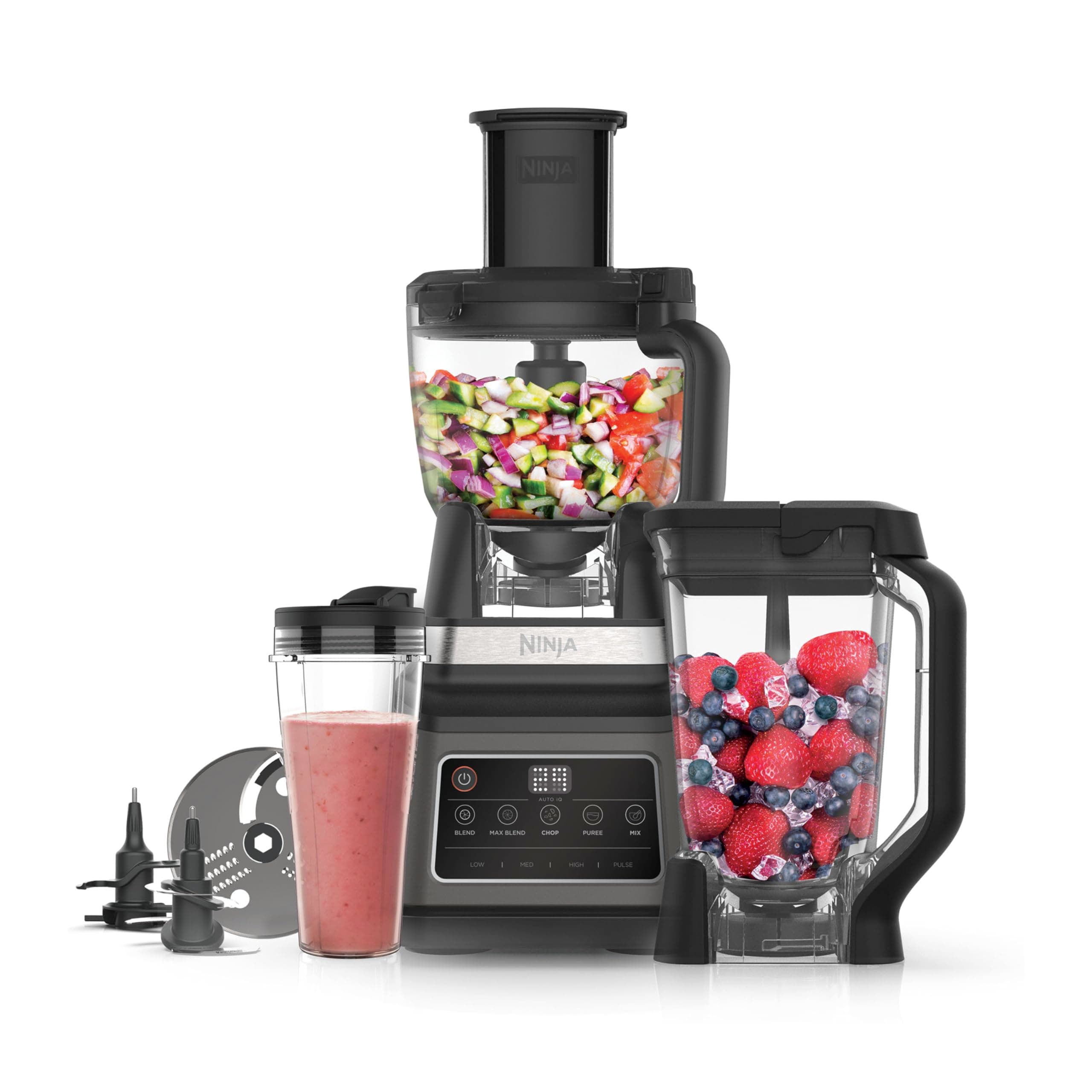 Ninja Procesador de alimentos 3 en 1, 1200 W, batidora multifunción, 5 programas automáticos, bol 1,8 l, jarra 2,1 l, vaso 700 ml, tecnología Auto-iQ, piezas aptas para lavavajillas, Negro, BN800EU