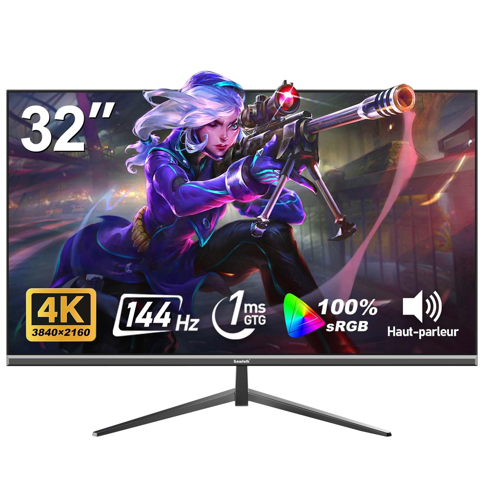 Gawfolk Écran PC IPS 32 pouces, moniteur jeu 4K 144Hz, 1ms, Adaptive Sync, 100%sRGB, Angle vision large 178, haut-parleur incorporé, HDMI2.1, DP 1.4, Compatible avec un montage mural 100*100mm-Noir