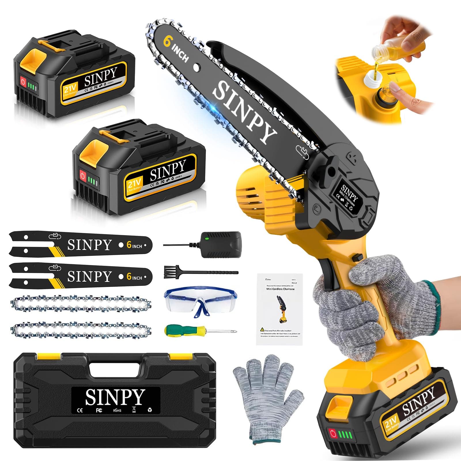 SINPY Mini Tronconneuse a Batterie 2x4000mah, 6 Pouces Tronçonneuse sur Batterie Elagueuse Thermique Coupe Branche Electrique Petite Tronçonneuse Sans Fil pour Jardin, 2 Chaînes, 2 Guide-chaînes