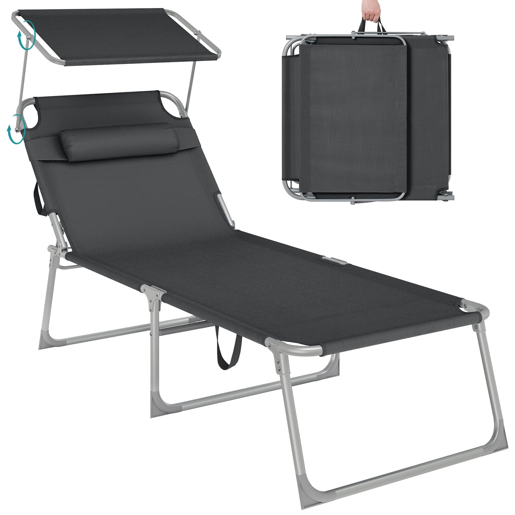 SONGMICS Große Sonnenliege, klappbarer Liegestuhl, 71 x 200 x 38 cm, Belastbarkeit 150 kg, mit Sonnenschutz, Kopfstütze und Verstellbarer Rückenlehne, für Garten Pool Terrasse, anthrazit GCB22GYV2