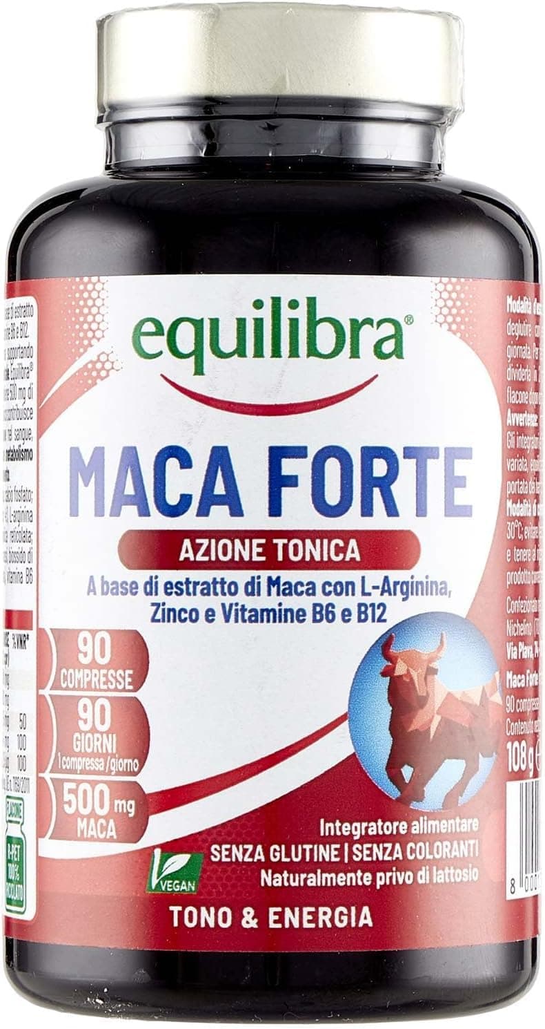 Equilibra Integratori Alimentari, Maca Forte, Tono e Vigore Fisico, Altodosato a Base di Estratto di Radice di Maca Peruviana 500 mg, L-Arginina, Zinco, Vitamine B6 e B12, 90 Compresse