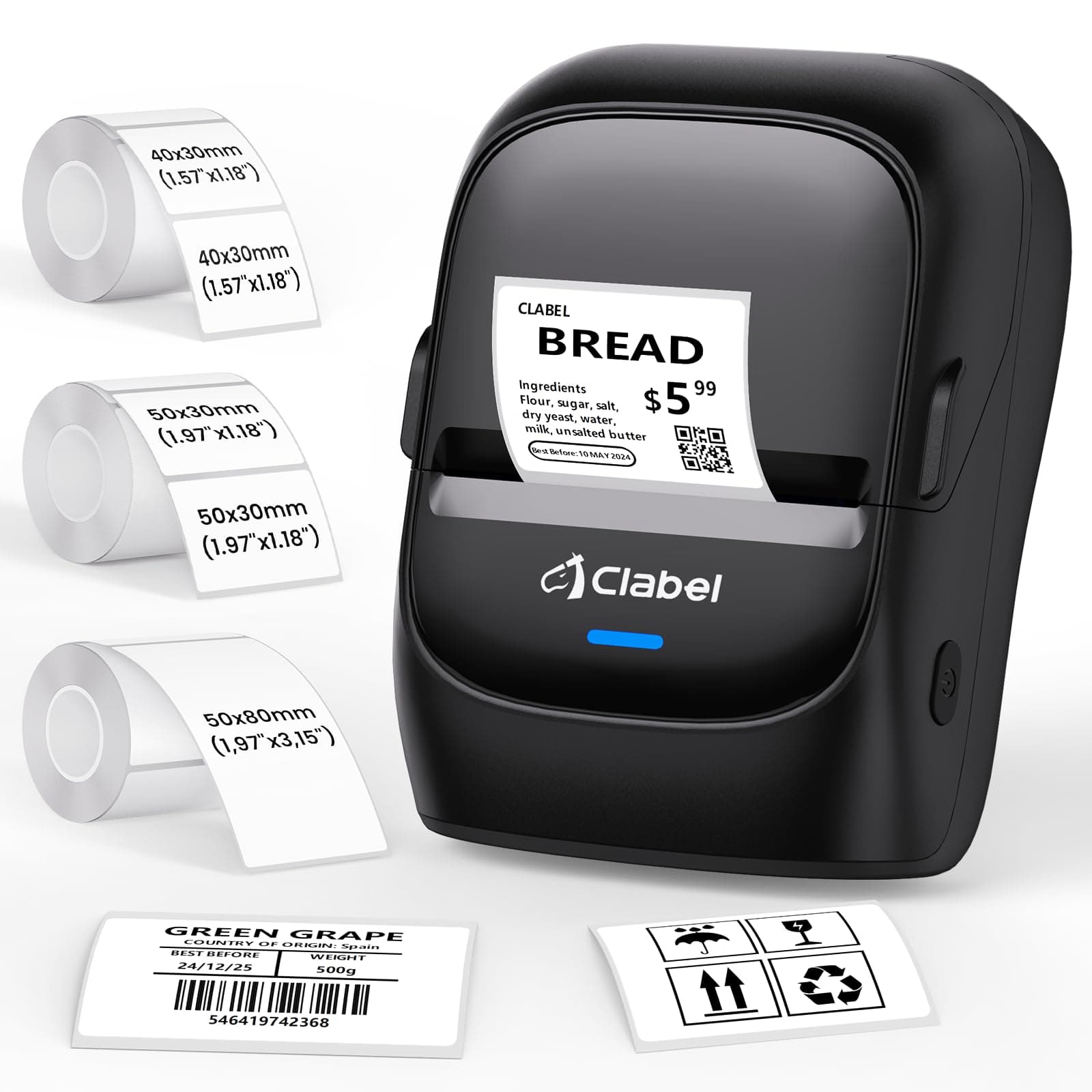 CLABEL Mini Stampante Etichette Portatile: 221B Bluetooth Termica Etichettatrice Adesive Codice a Barre Compatibile con iOS e Android Label Printer con 3 Rotolo di Etichette per Ufficio Casa(Nero)