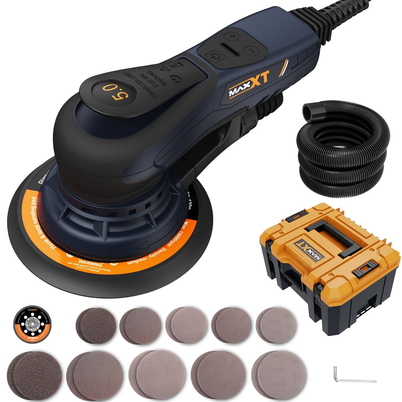 Ponceuse orbitale MAXXT 5,0mm sans balais | Plateaux doubles 150mm & 125mm | Moteur EC 350W | 4000-10000 tr/min | Boîtier moulé | 20 abrasifs pour bois et polissage