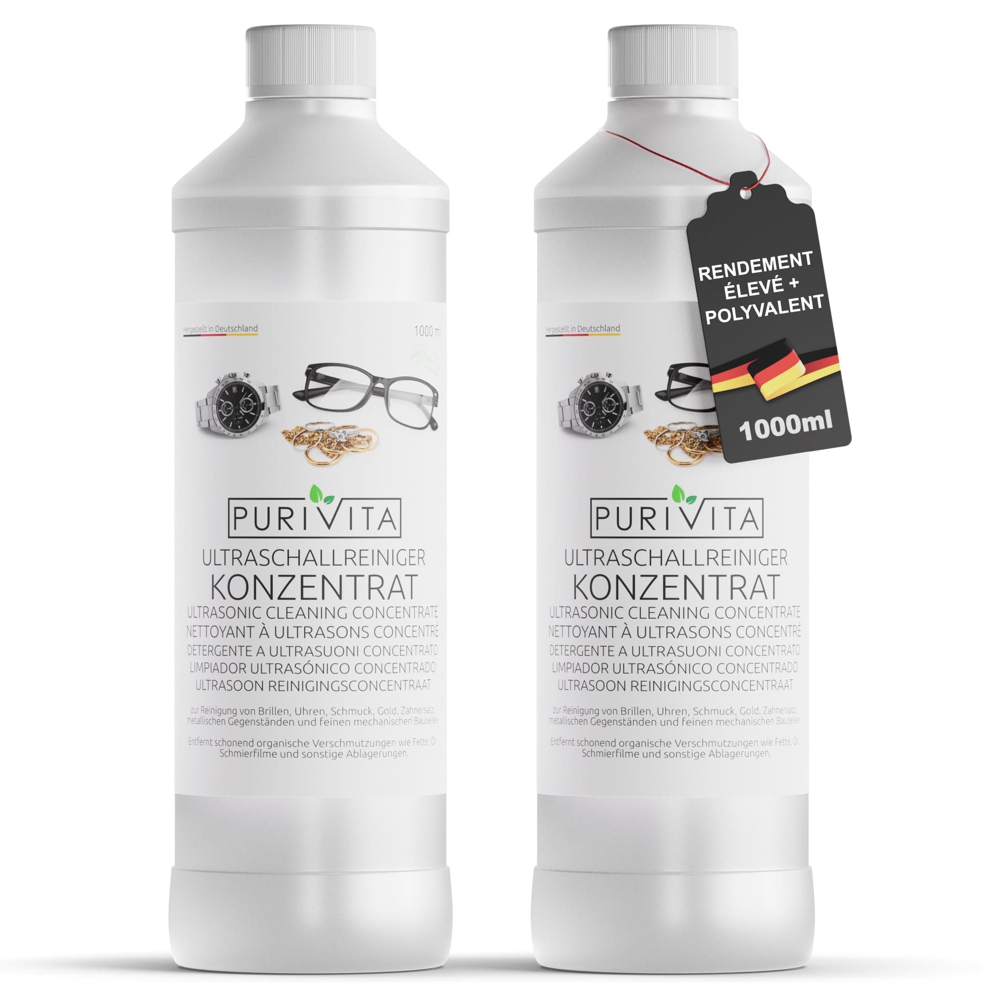 PURIVITA® Nettoyeur Ultrasons Concentré [2L] - Nettoyant pour Appareils à Ultrasons - Liquide de Nettoyage pour Ultrasons - Produit Ultrasons pour Lunettes, Bijoux & Monnaie - Ultrasonic Cleaner