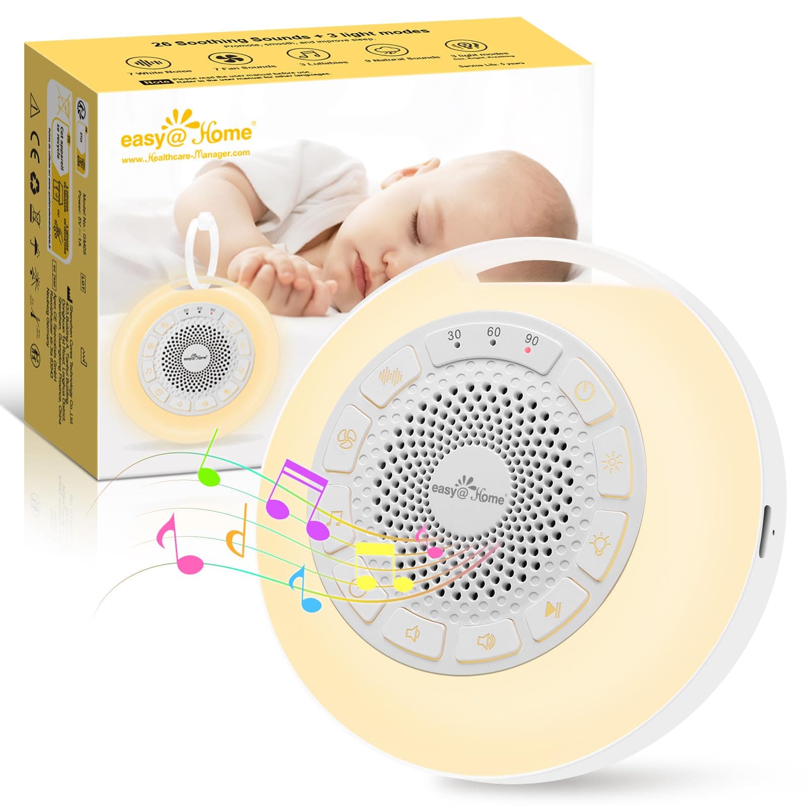 Machine à Bruit Blanc Portable pour Bébé : Easy@Home 26 Sons Apaisants Musicaux avec Veilleuse pour Aider au Sommeil des Enfants et Adultes | 3 Modes et 7 Couleurs de Lumières | Minuterie | USB