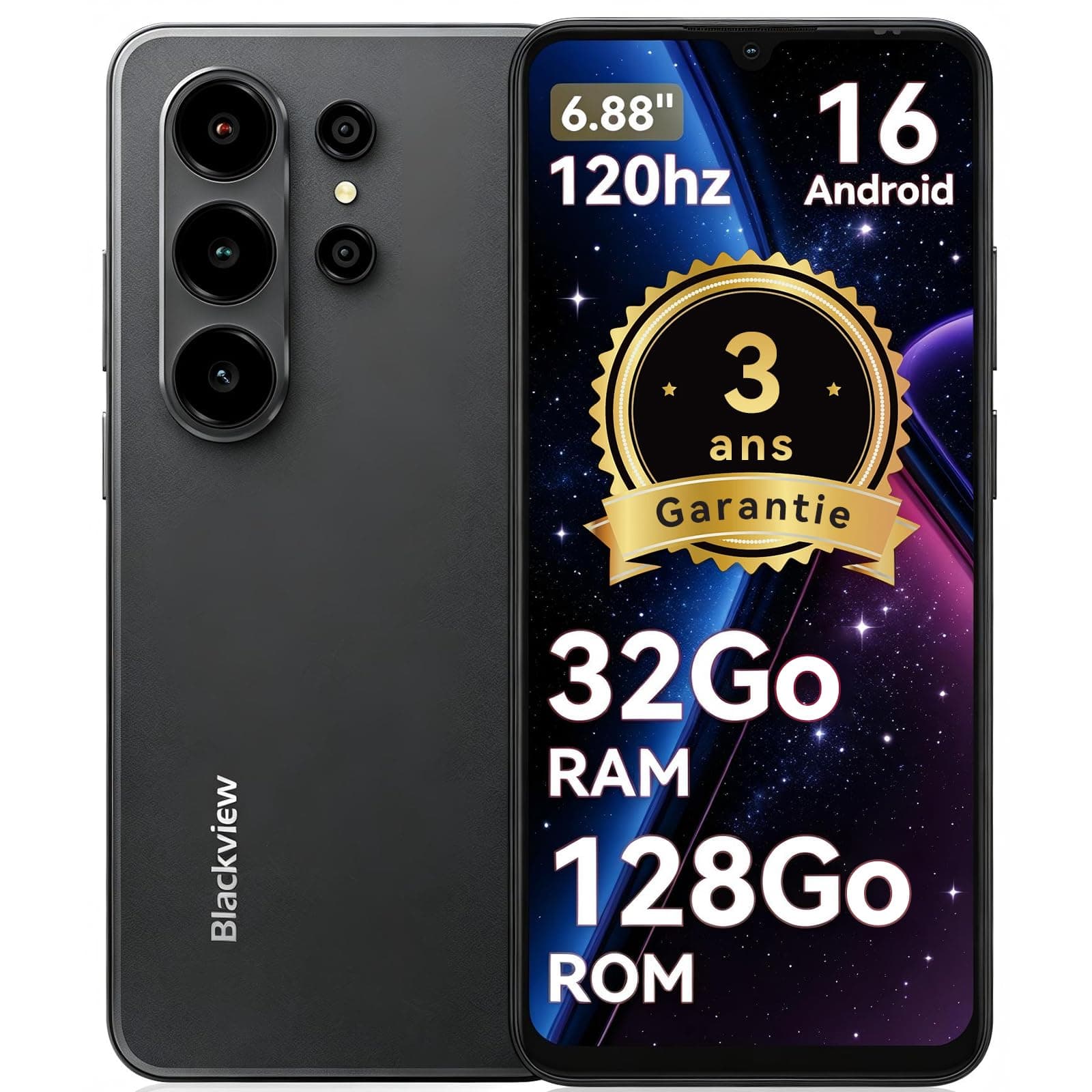 Blackview Wave 10 Téléphone Portable Pas Cher Android 16 Smartphones,6.88",32Go+128Go/2To, 32MP+13MP, 5000mAh,Smartphon 4G Dual SIM, Telephone WiFi 5G/GPS/IP54/3 Card Slots/3.5mm/FM/3Ans Garantie | 32MP, 6.88", 32Go+128Go