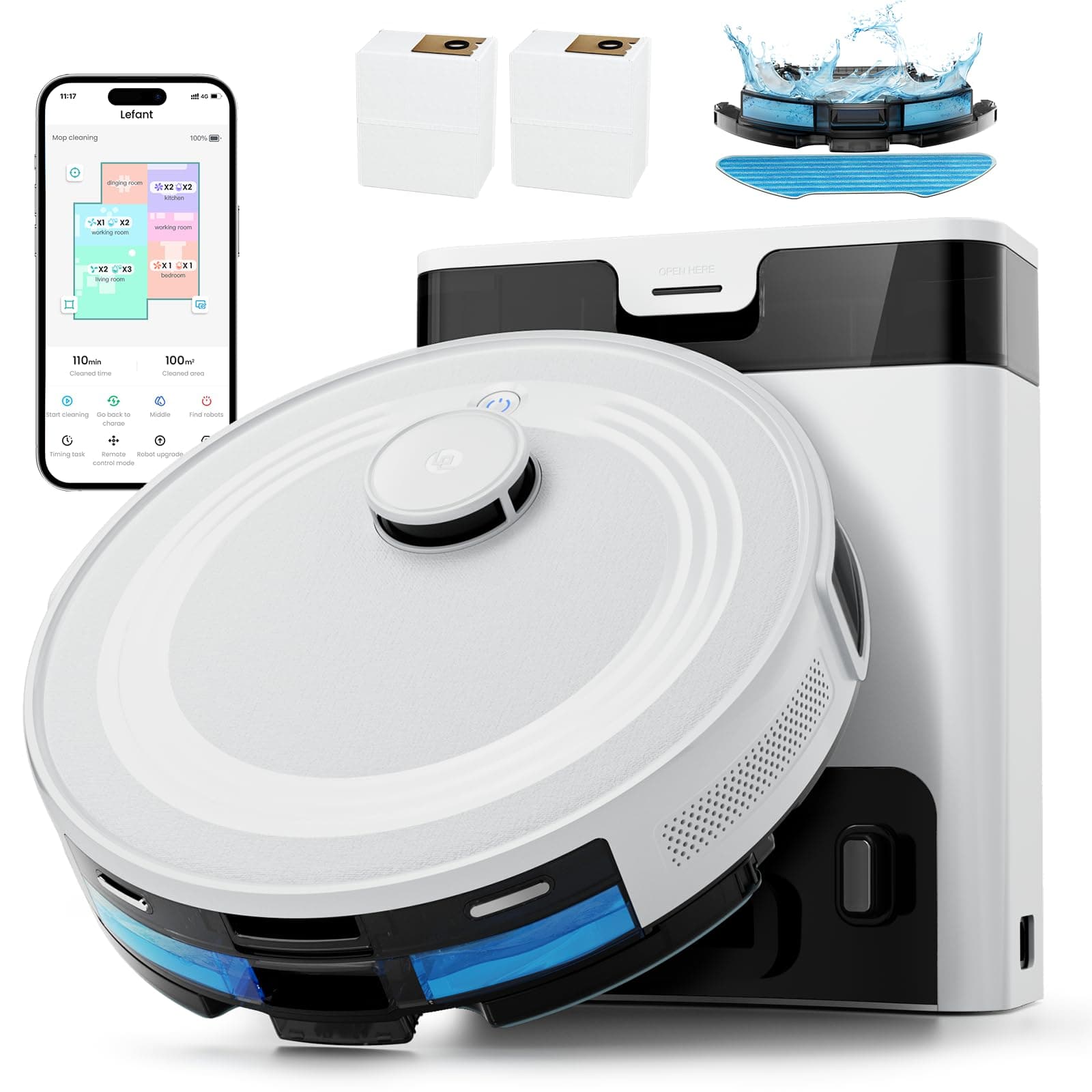 Lefant M2 Pro Robot Aspirapolvere Lavapavimenti con Mappatura, Stazione Svuotamento Automatico, Aspirapolvere 6000Pa, Navigazione Laser dToF, Navigazione PSD, Pulizia Personalizzata, WiFi/App/Alexa