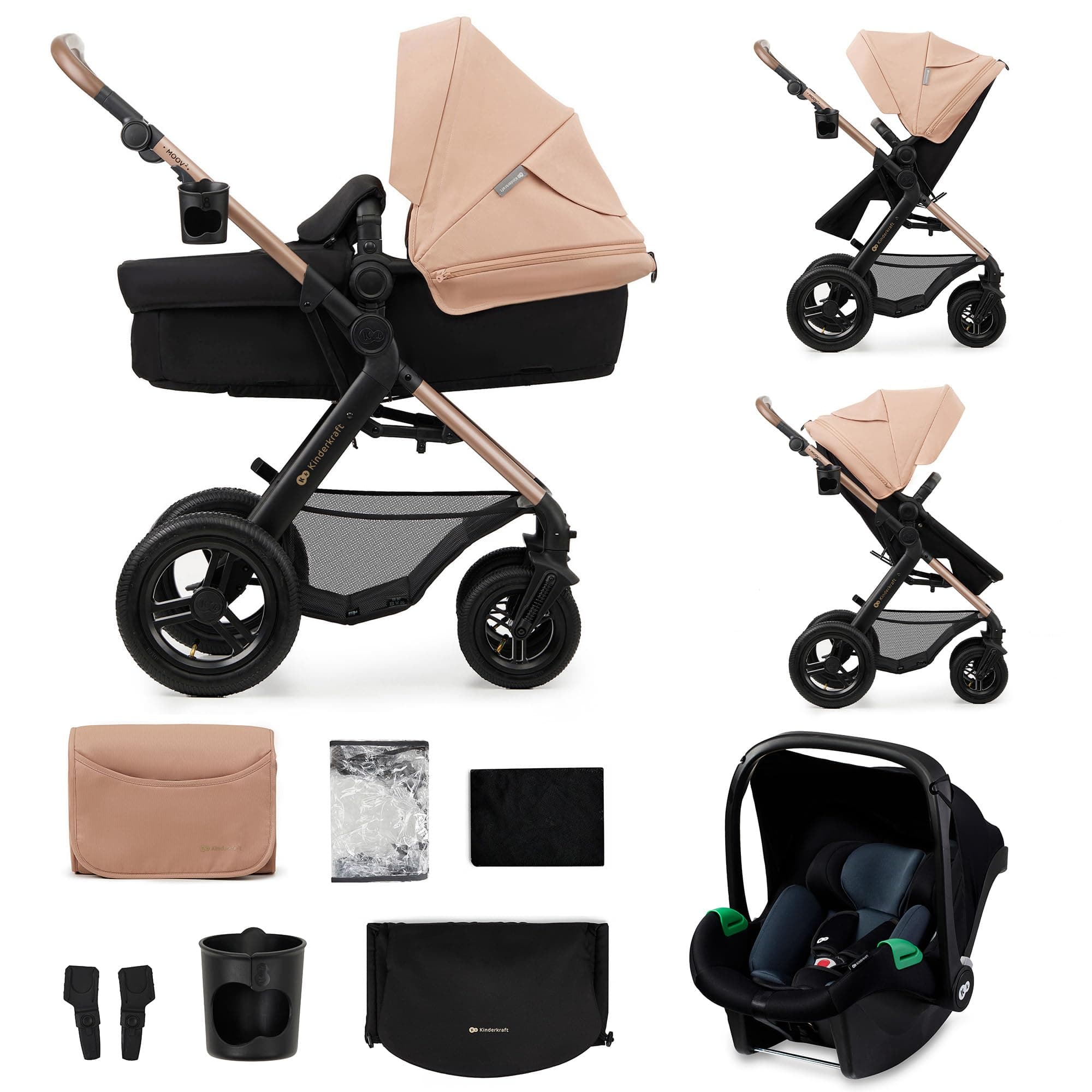 Kinderkraft MOOV2 AIR Poussette 3 en 1, Système de voyage de la naissance à 22 kg, Siège auto Mink PRO I-Size inclus, Capote extensible avec filtre UPF50+, Roues gonflables, Beige