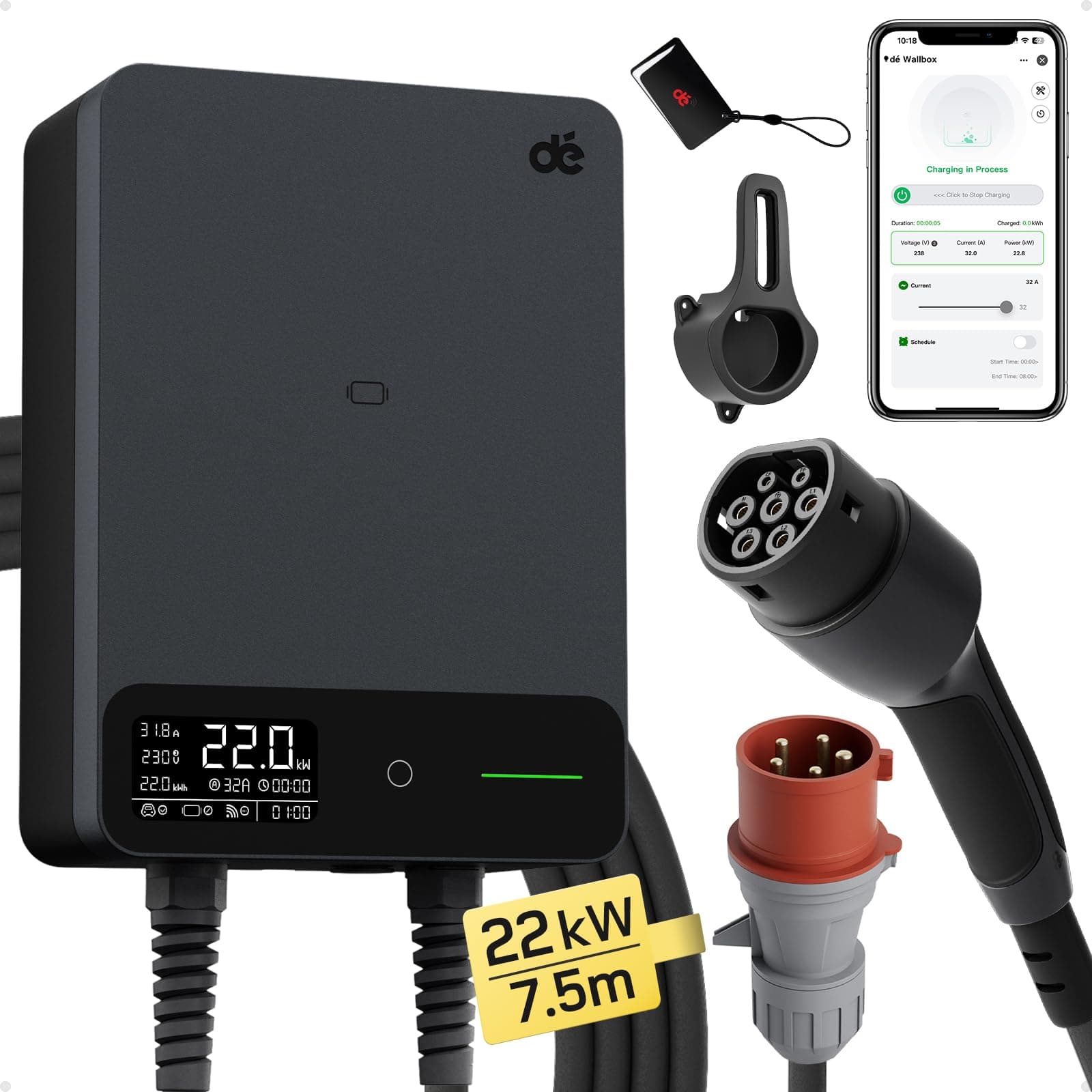 dé Estación de Carga Coche Electrico 22kW App [6-32A, Trifásico] Wallbox 22kW con Cable Tipo 2 7,5 m, RFID, Estación de Carga con RCD Tipo-B y Protección ip54 para Model Y/3 y Otros BEV/PHEV