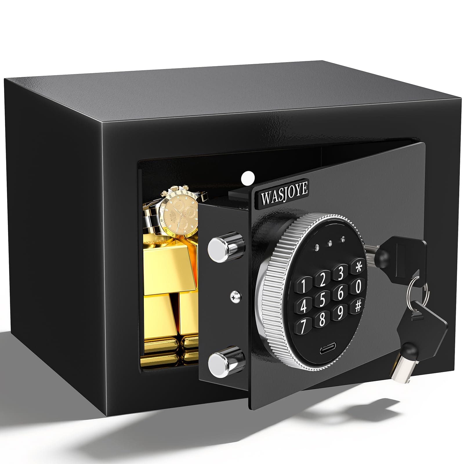 WASJOYE Mini Cassaforte - 17 * 23 * 17cm Cassaforte a mobile con tastiera digitale, serratura di sicurezza, cassaforte piccola per casa, ufficio, hotel, denaro, documenti, gioielli, passaporti