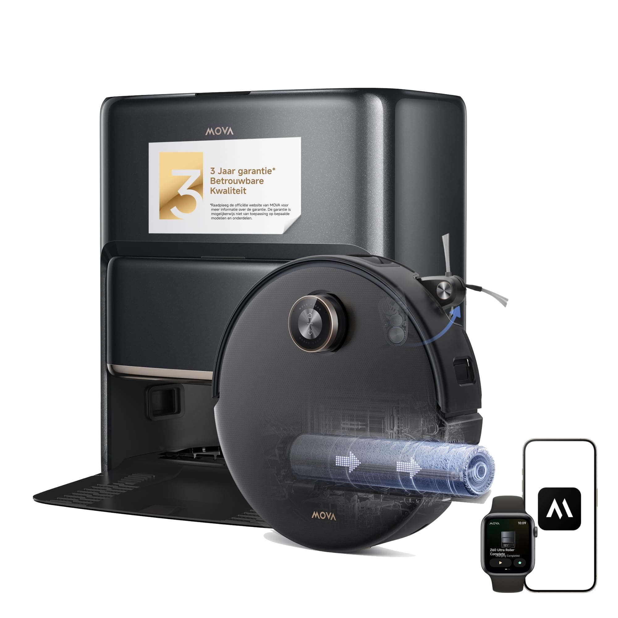 Mova Z60 Ultra Roller Complete Robot Aspirador con Fregona, 28.000 Pa, Elevación del Chasis y 8cm Superación de Obstáculos, Navegación DToF Retráctil+Láser Dual+IA RGB, Autolimpieza, Mopa Extensible