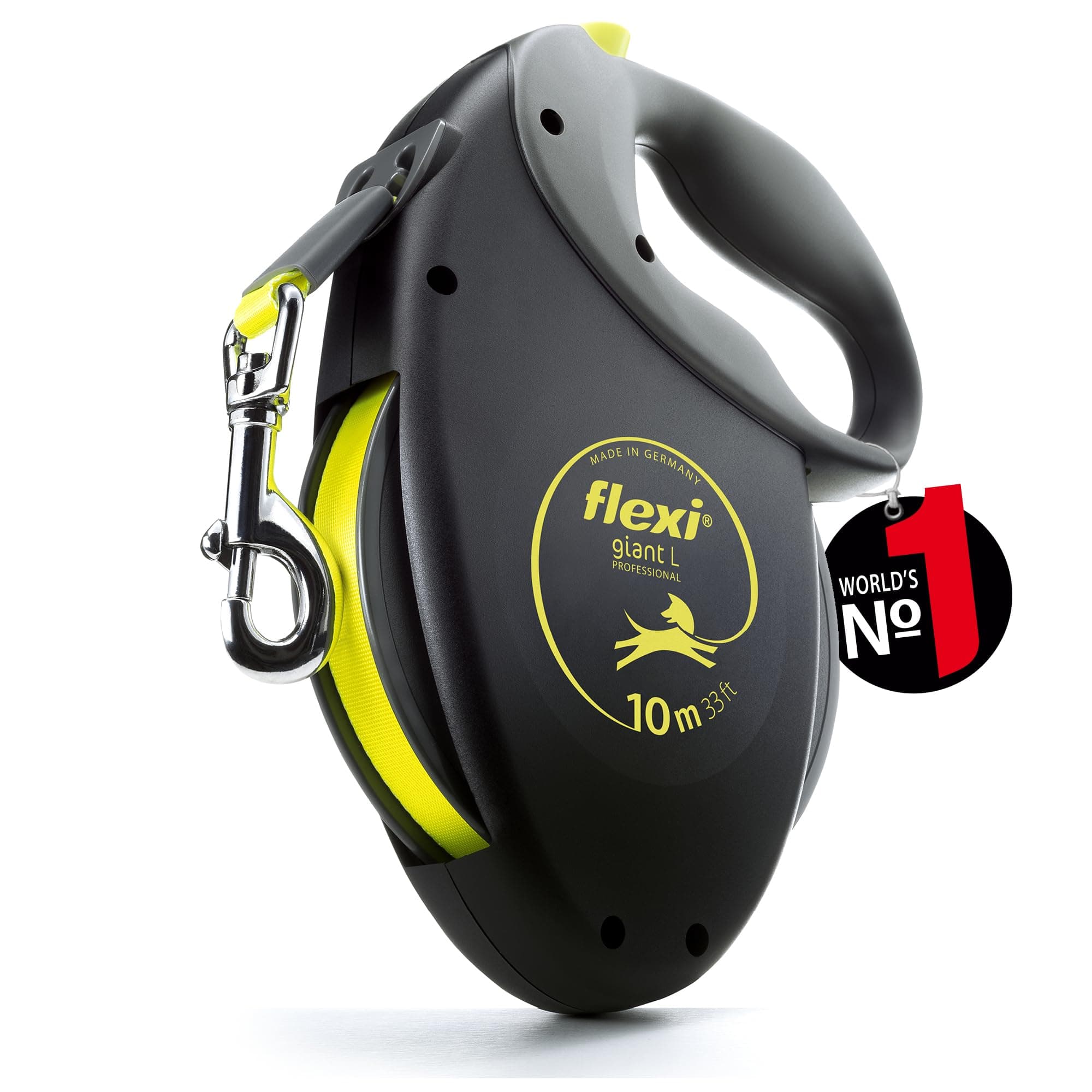 flexi® Giant Professional | Laisse rétractable à sangle de 10 m pour chiens jusqu'à 50 kg | Noir / jaune fluo | laisse à enrouleur pour chien | Poids : 860 g | Dimensions : 18 x 24 cm