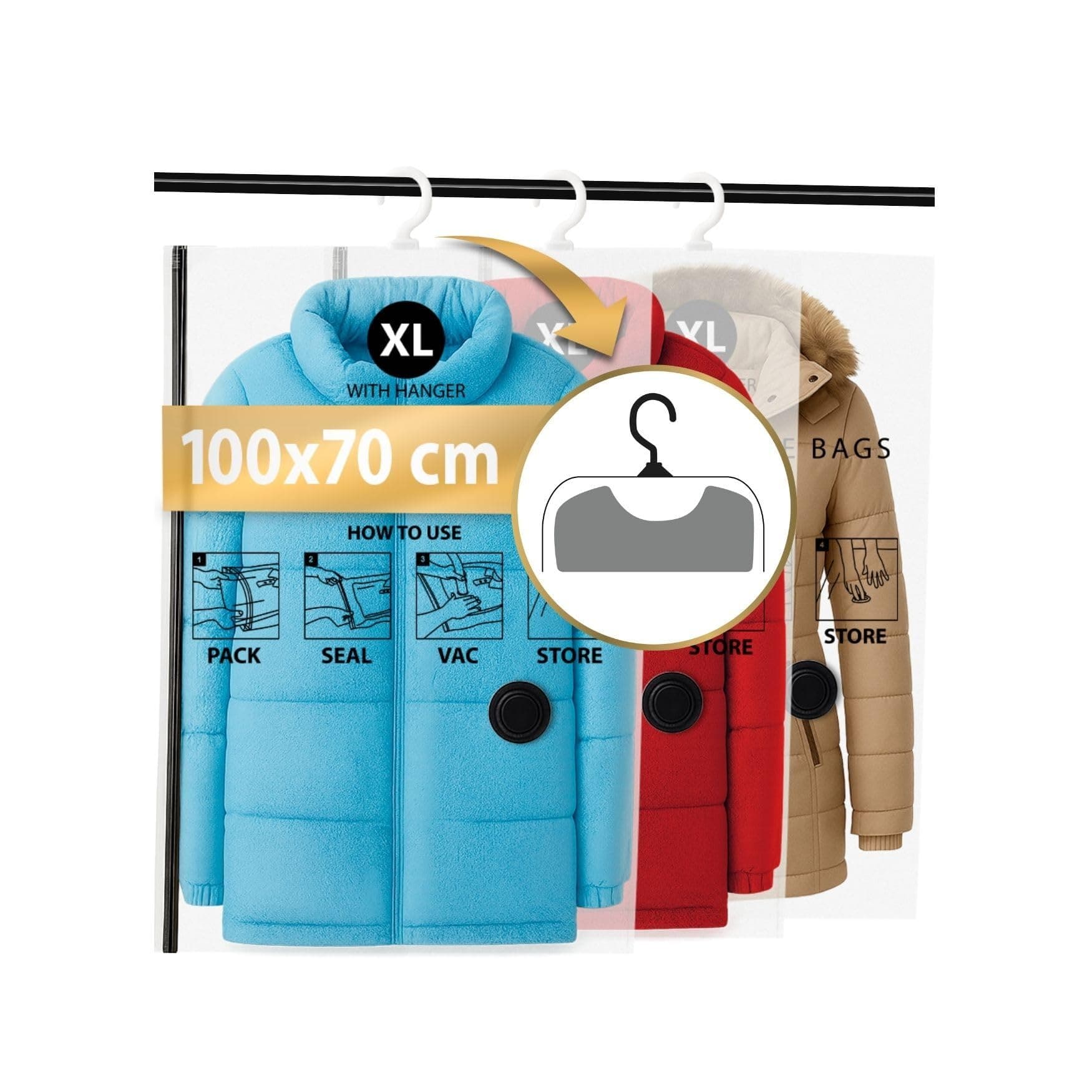 FiRiO Buste Sottovuoto Vestiti da Appendere (con Ganci) I 3 PEZZI I Taglia XL: 100x70 cm I Sacchi Sottovuoto per Cappotti, Giubbotti e Giacche I Hanging Vacuum Bags I Appendiabiti Sottovuoto Grandi