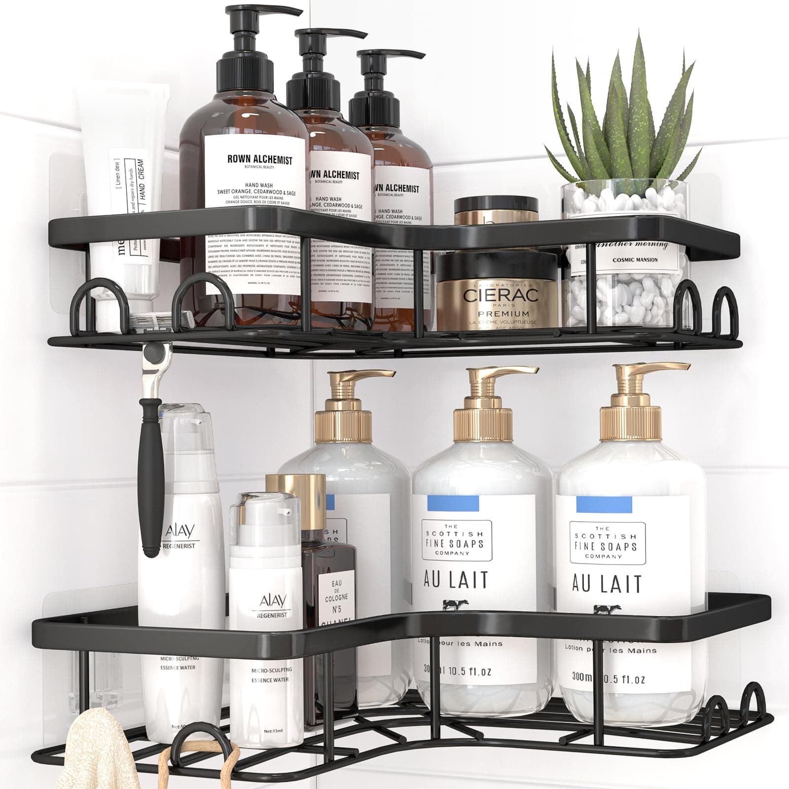 Kitsure Étagère douche sans perçage - Lot de 2, Étagère d’angle salle de bain Grande Capacité, Rangement Douche avec 8 Crochets, Gain de Place pour Intérieur de Douche, Noir