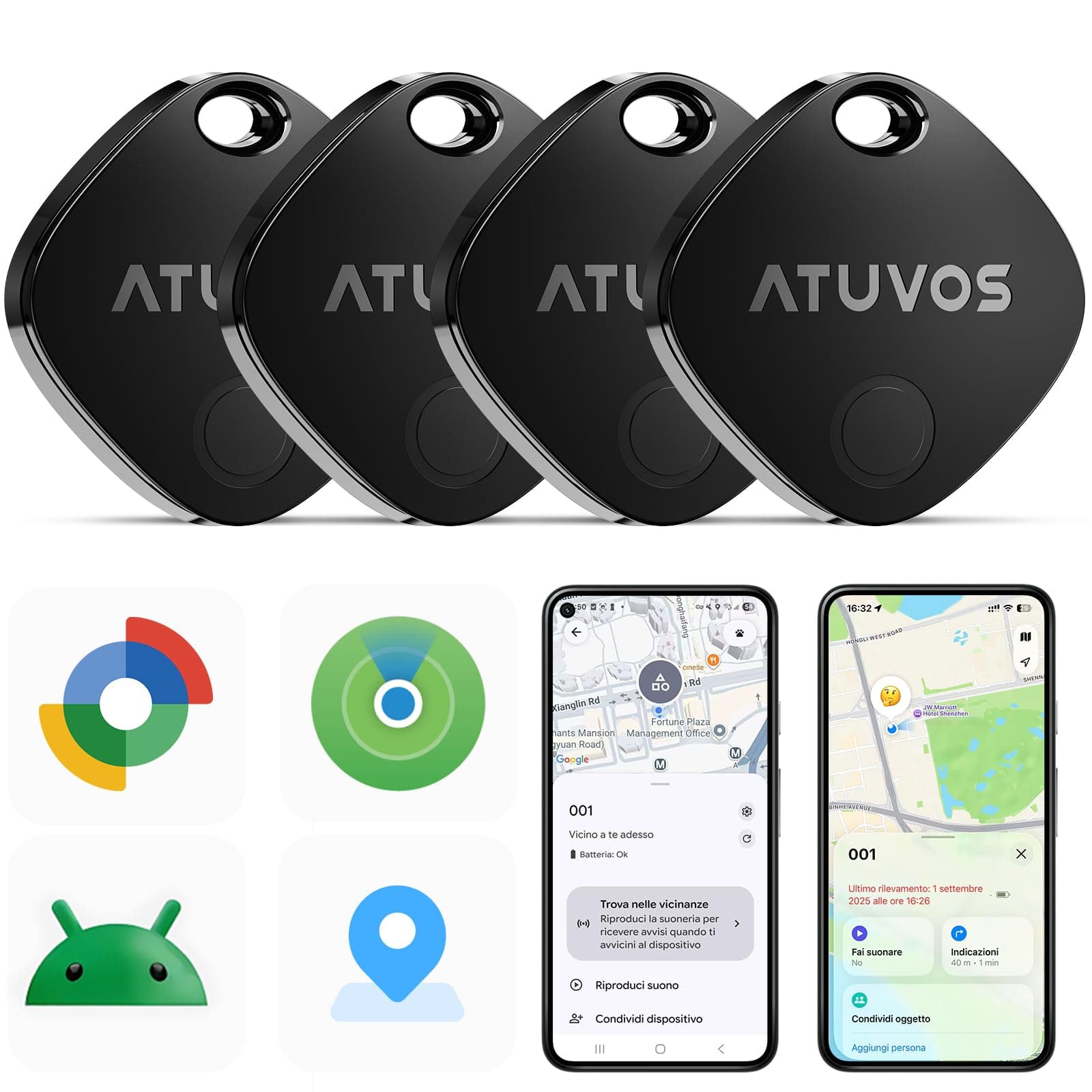 ATUVOS Air Tag Pro Smart Tag Tracker per Android & iOS, Dual System Localizzatore Bluetooth Funziona con Google Funzioni Trova o Apple Dov'è APP, per Bagagli, Borse.Batteria Sostituibile. 4 pezzi Nero