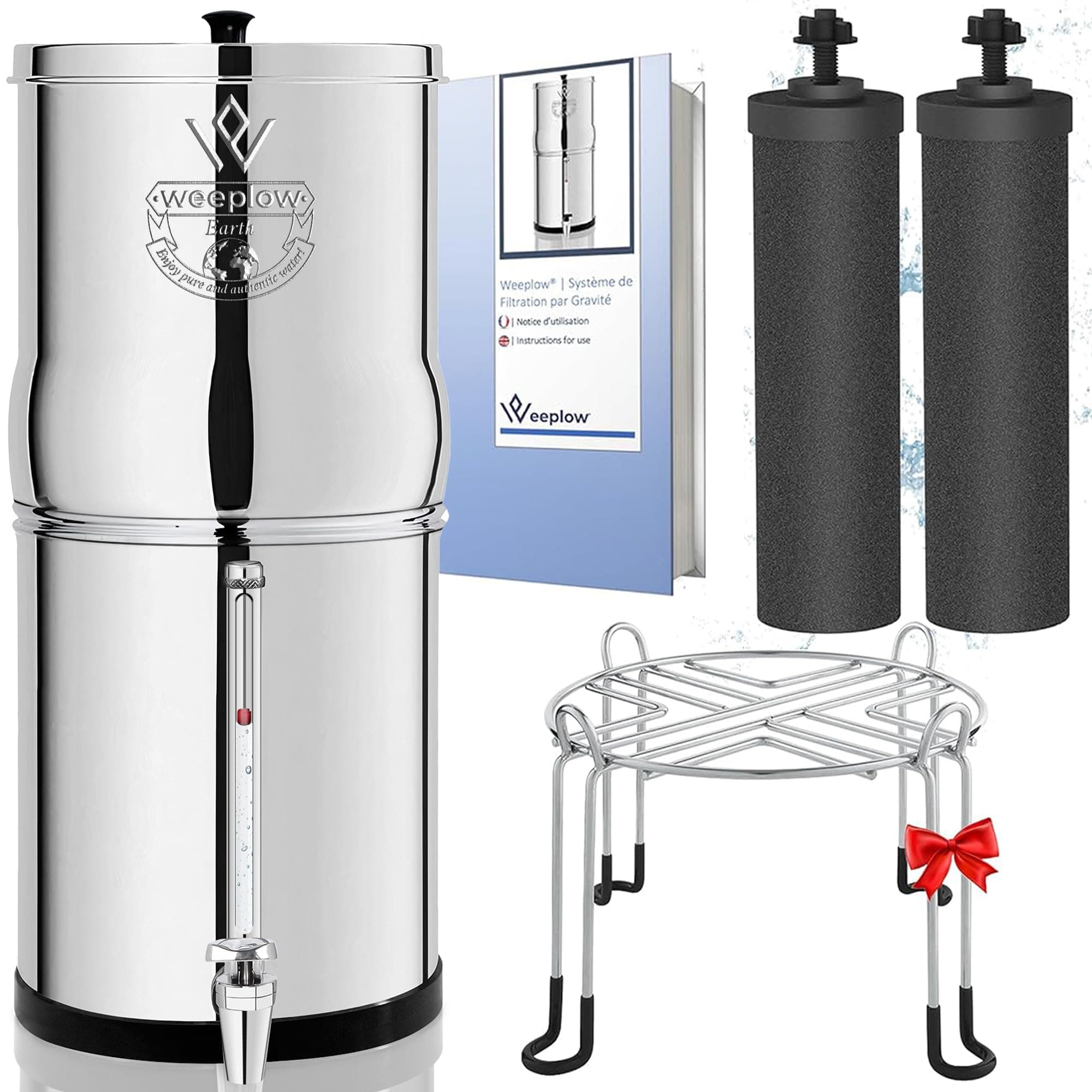 Weeplow® Earth - Système de Filtration d'Eau par Gravité 8,5 Litres AISI 304 avec 2 Eléments de Purification O'Pure 2, Robinet avec Niveau d'Eau et Support Inox Offert