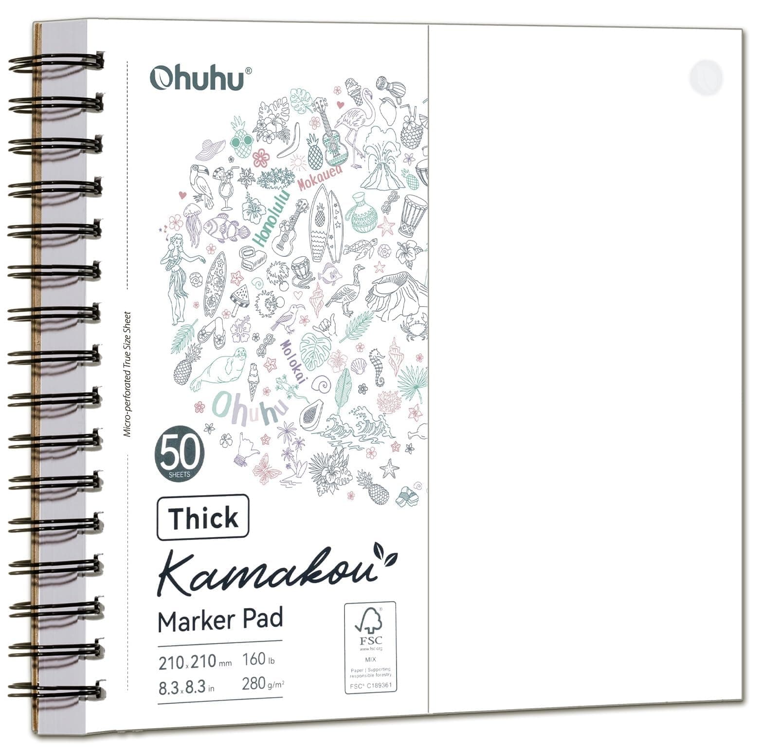 Ohuhu Doppelseitiges Skizzenbuch - Ohne Durchdrücken, 280 g/m² superdickes Papie (50 Blatt/100 Seiten), Spiralgebundener Zeichenblock für Alkoholmarker Aquarell, Illustration & Skizzen, 21x21cm