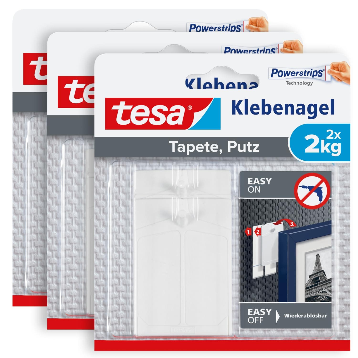 tesa Klebenagel für Tapeten und Putz 2kg im 3er Pack - Selbstklebende Nägel für empfindliche Oberflächen - rückstandslos - bis zu 2kg Halteleistung pro Nagel - 3 x 2 Klebenägel