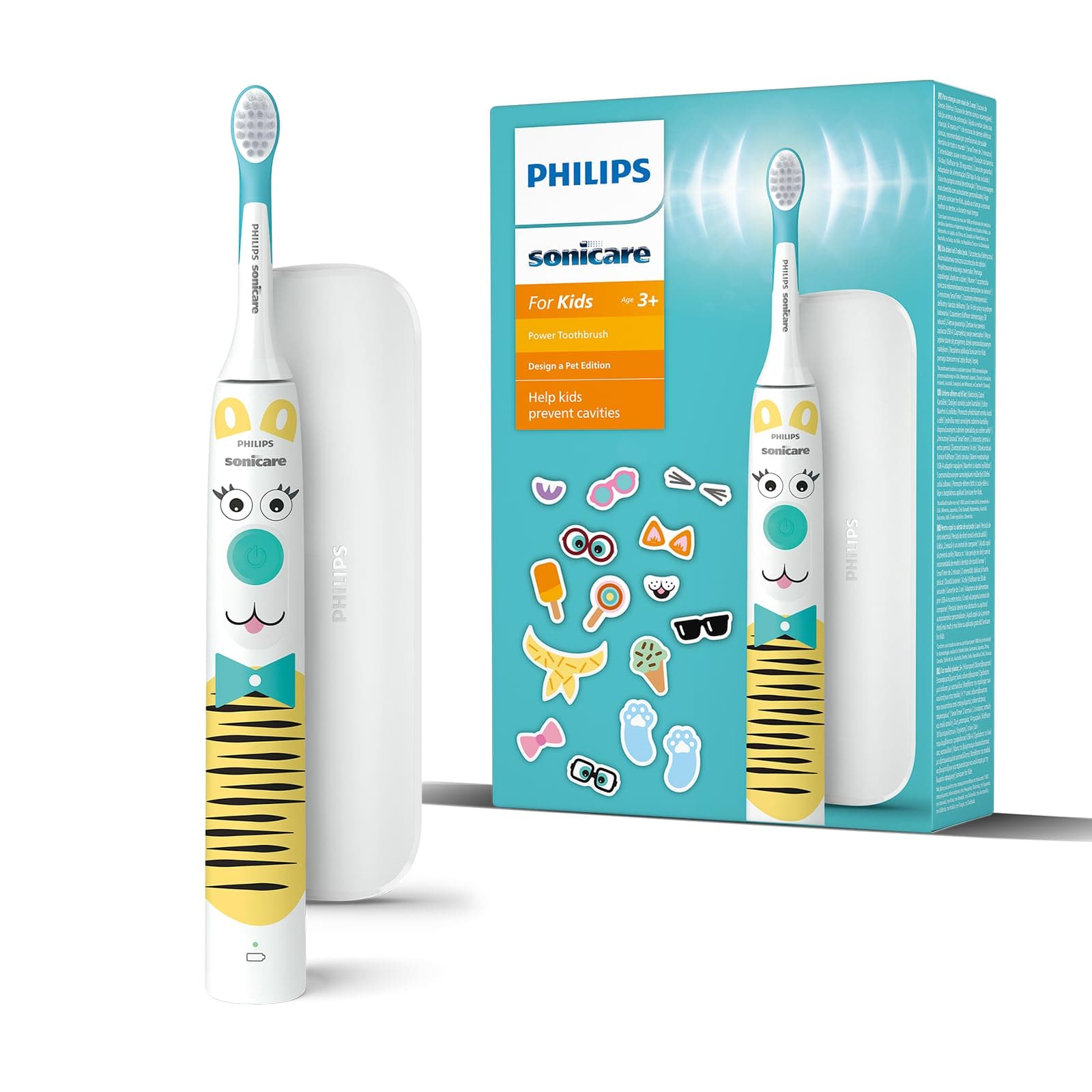 Philips Sonicare For Kids - Brosse à dents électrique edition design avec animaux de compagnie et autocollants pour enfants, étui de voyage compact et chargeur USB (modèle HX3603/01)