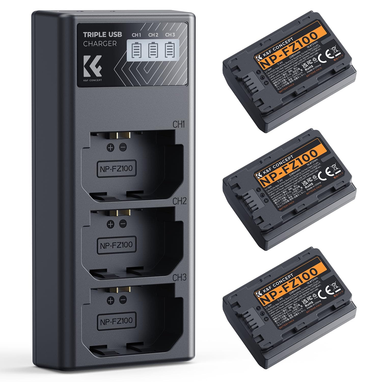 K&F CONCEPT NP-FZ100 Kamera Akkus(3er Pack) mit 3-Slot Ladegerät,2280mAh Batterien für Sony Alpha A7III,A7IV,A7R III/A7R3,A7RIV,A7RV,A7C,A7S III/A7S3,A9,A9II,A6600,A9R,A9R,9S,FX3,FX30,ZV-E1, ZV-E10ii