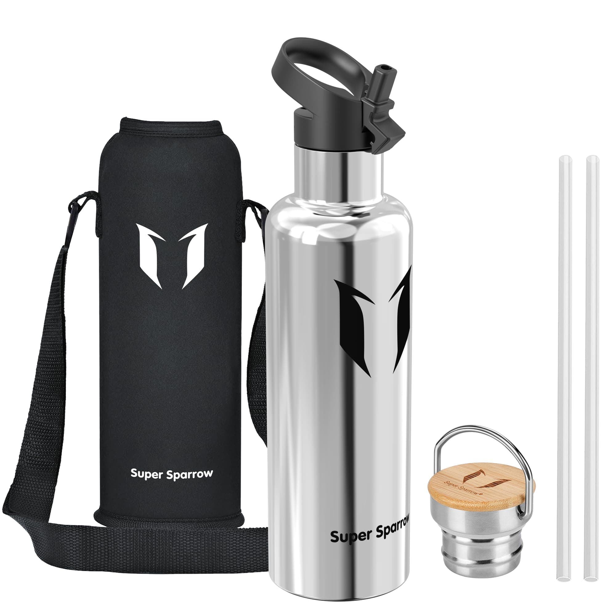 Super Sparrow Trinkflasche Edelstahl - 350ml/500ml/620ml/750ml/1L - Auslaufsicher Thermoskanne, BPA-Frei Wasserflasche - Thermosflasche Kinder für Sprudel, Sport, Schule, Fitness - Mit 2 Deckeln