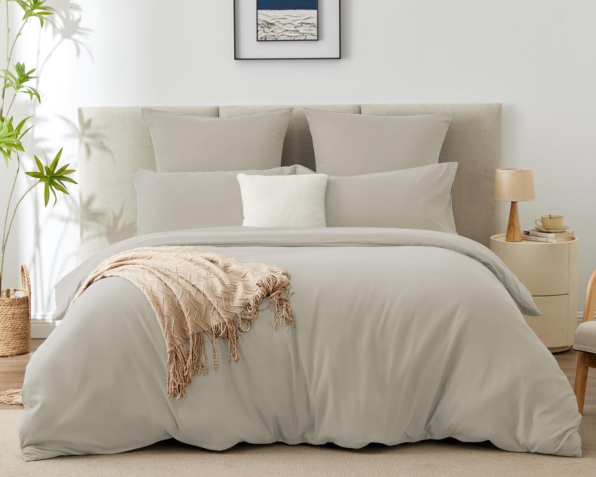 WAVVE Housse de Couette 220x240 cm avec 2 Taies d'oreiller 65x65 cm，Parure de Lit 2 Personnes pour lit 180x200 avec Fermeture Éclair Sets de Housse Couette en Microfibre, Beige 220 x 240 240x220