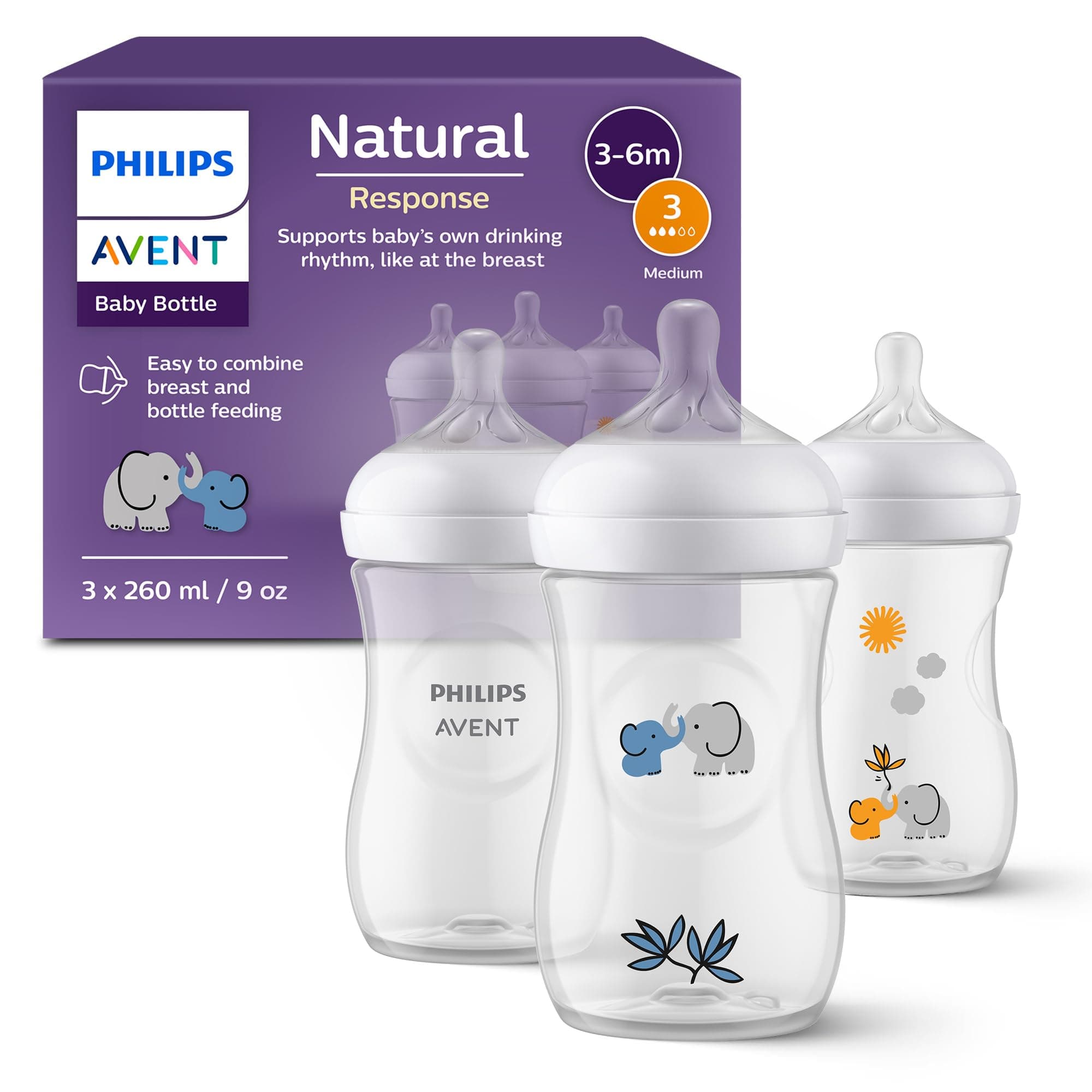 Philips Avent Natural Response Geschenkset für Babys: 3 Natural Response Babyfläschchen (260 ml) mit T3 Saugern (3-6 Monate), SCY903/63