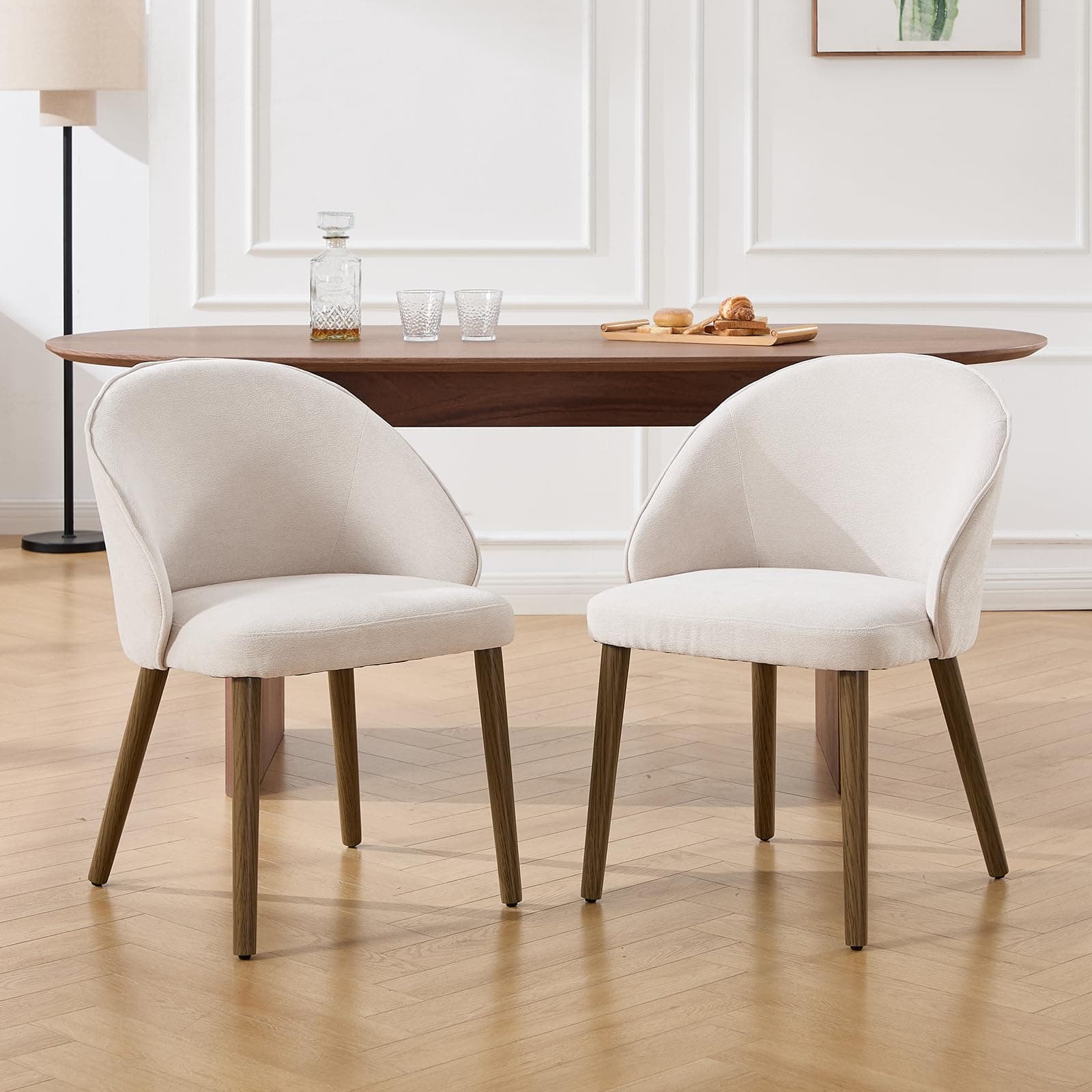 DAYALANE Lot de 2 Chaise de Salle à Manger en Chenille Chaises de Cuisine avec Accoudoirs et Dossier Incurvé Chaise Salon Scandinave Pieds en Bois, Beige