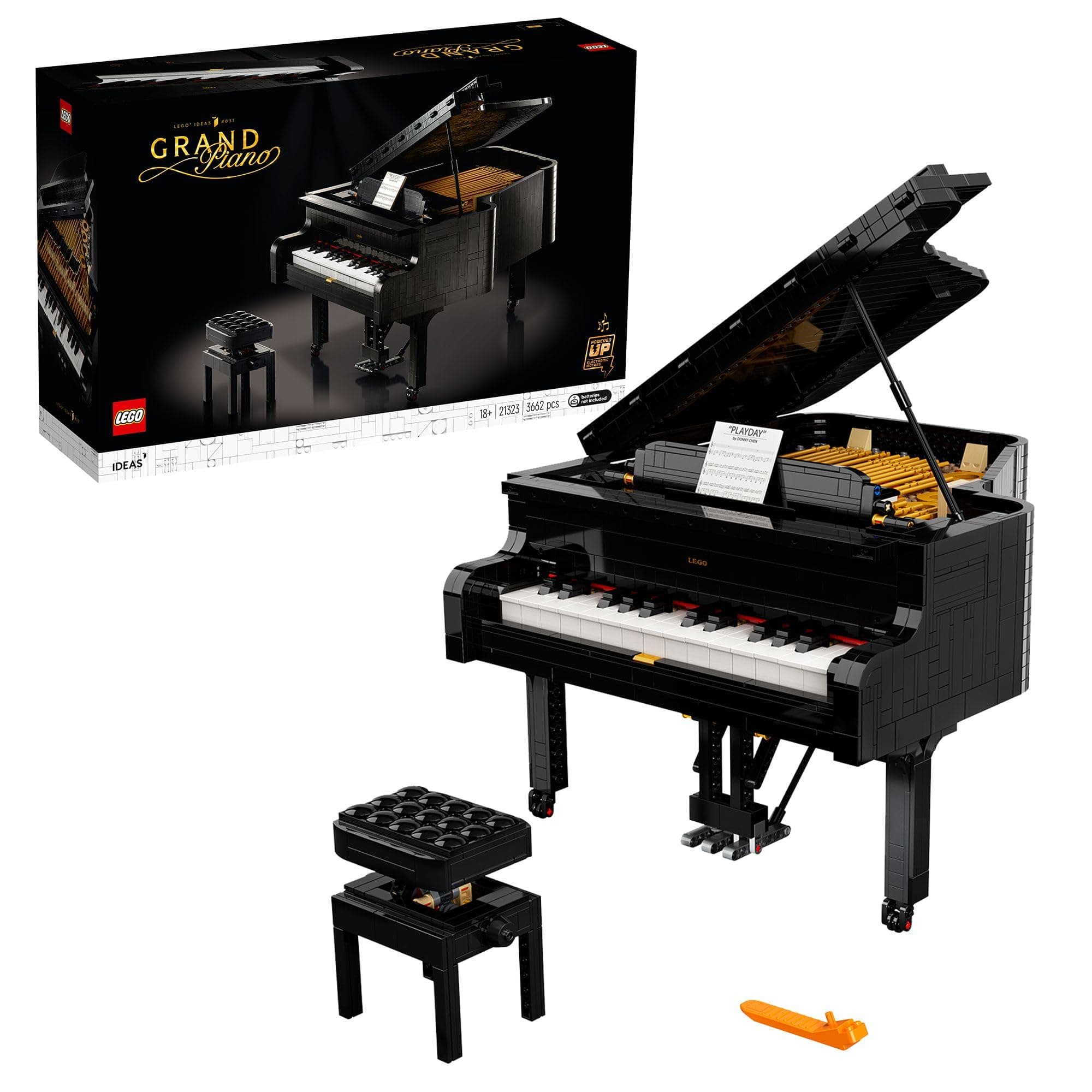 LEGO Ideas Pianoforte a Coda, Set per Adulti, Regalo Espositivo da Collezione con Tastiera Apribile, Motore e Componenti Powered Up Technic con Alimentazione, 21323