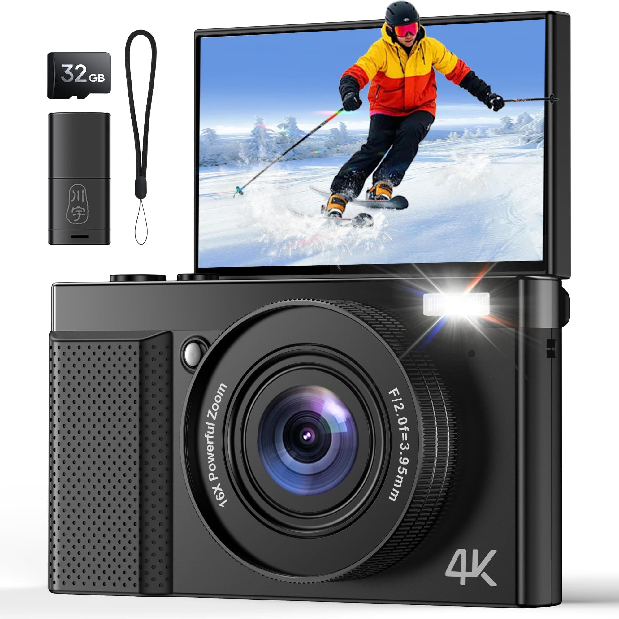 Camara de Fotos Digital Profesional 4K Niños: Cámara Compacta con Pantalla Abatible 180°con Enfoque Automático - 16X Zoom 64MP Camara para Principiantes Niña Chico (Negro)