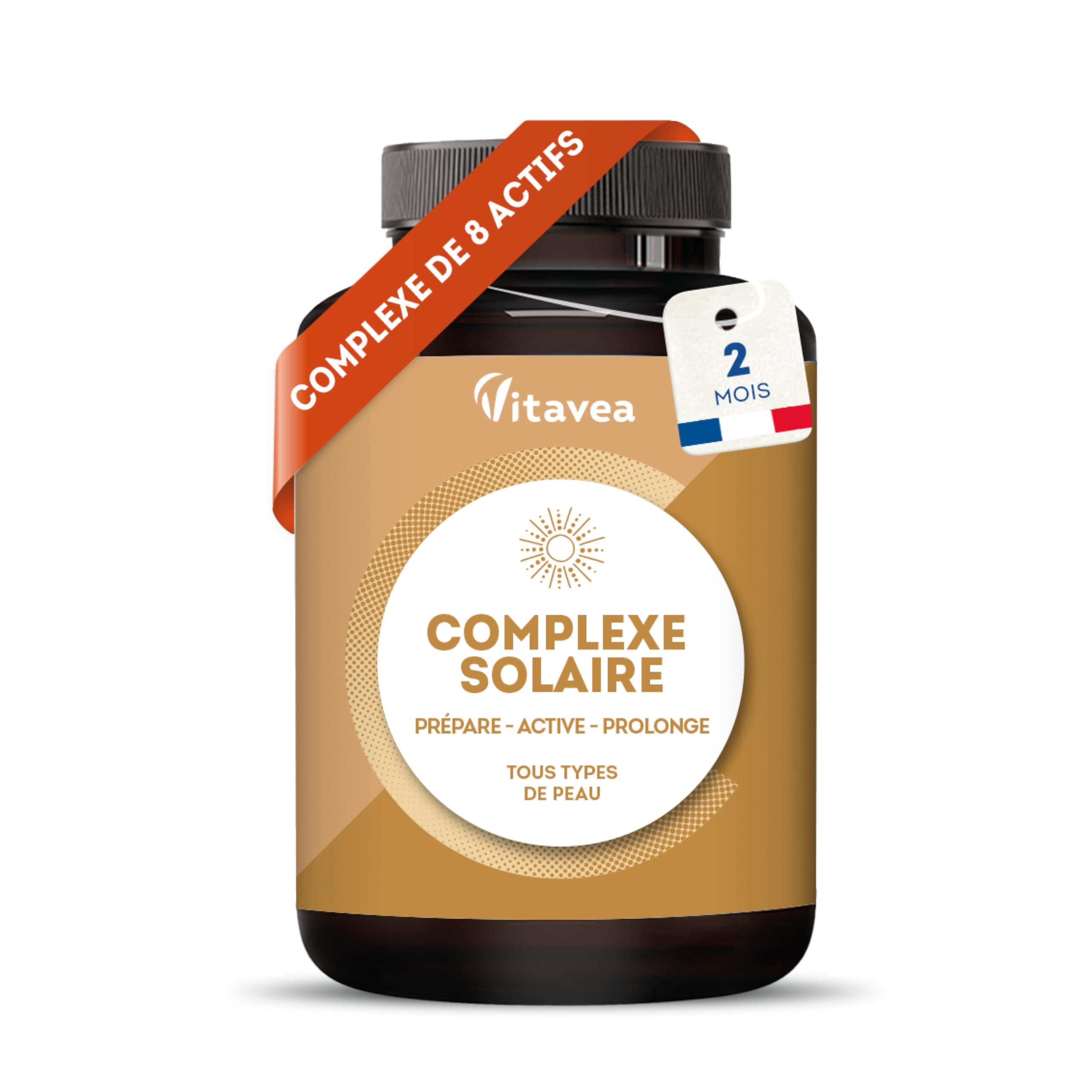 Préparateur Solaire & Accélérateur de Bronzage - Hâle Naturel & Uniforme - Avec Bêta-Carotène, Lycopène, Cuivre & Huile de Bourrache - Tous Types de Peau - 60 gélules - Fabriqué en France - Vitavea