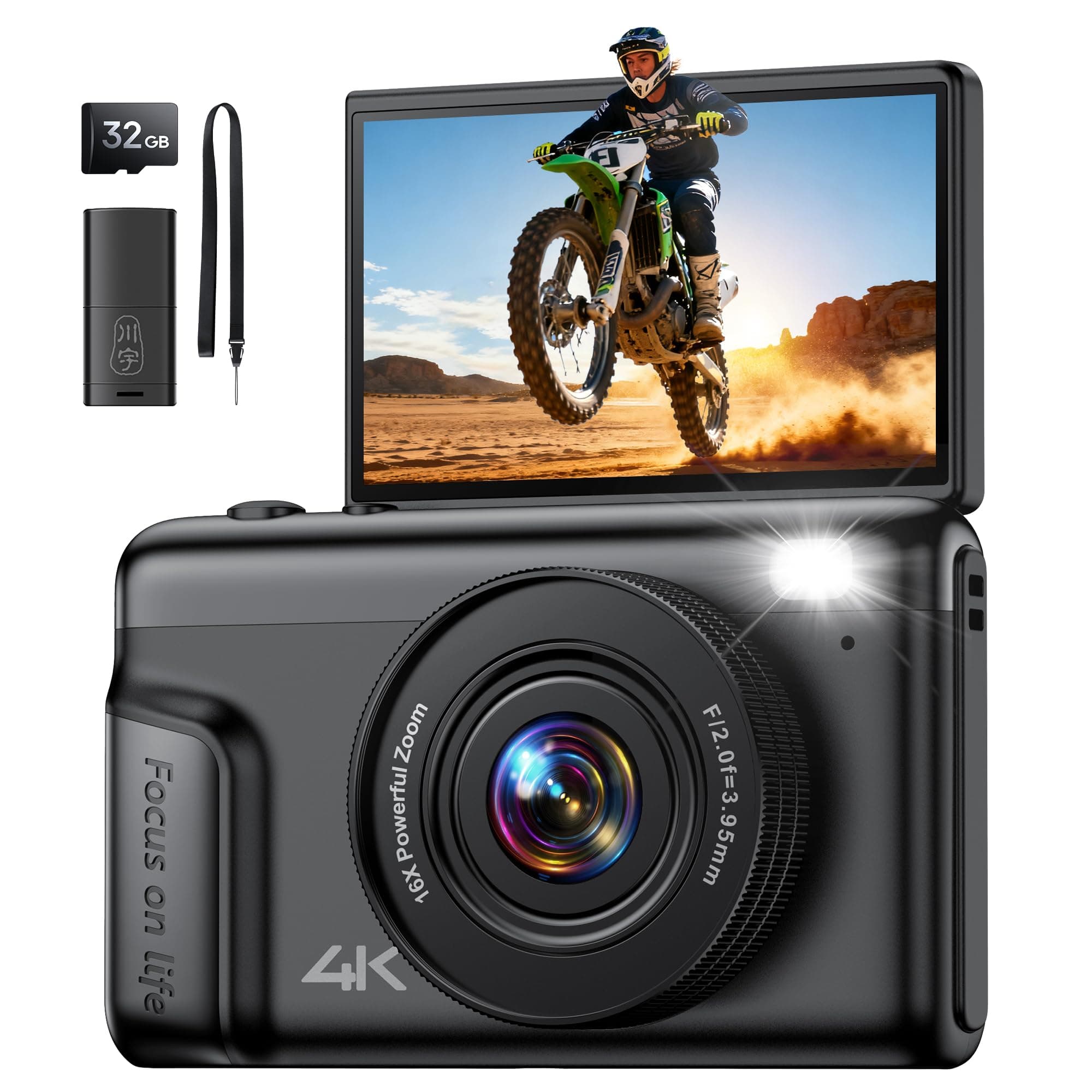 4K Digital Camara de Fotos Compacta: 64MP Profesional Video Cámara con 16X Zoom IPS Pantalla Abatible - Regalo para Principiantes Adultos - Baratas Vlog Camera Niño Niña